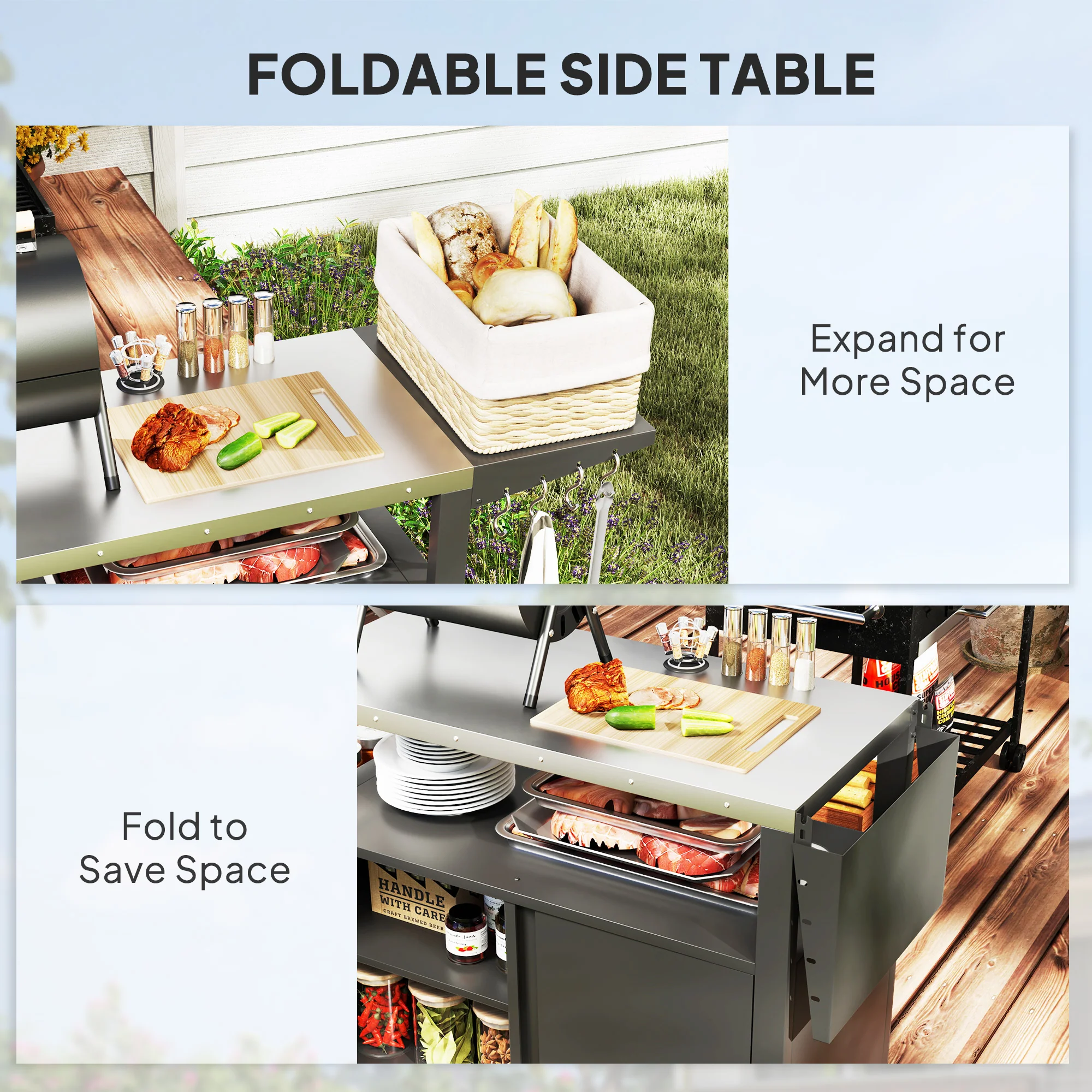Outdoor Movable Grill Cart with Stainless Steel Top & Foldable Side Shelf, 37.8" x 18.1" - Image 7