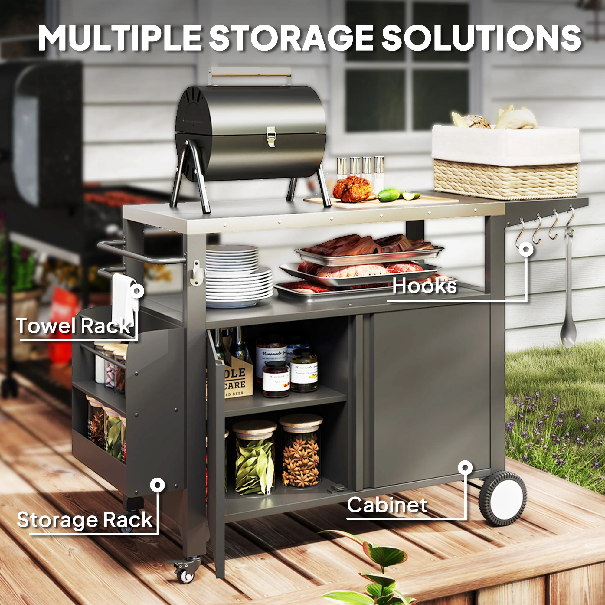 Outdoor Movable Grill Cart with Stainless Steel Top & Foldable Side Shelf, 37.8" x 18.1" - Image 8