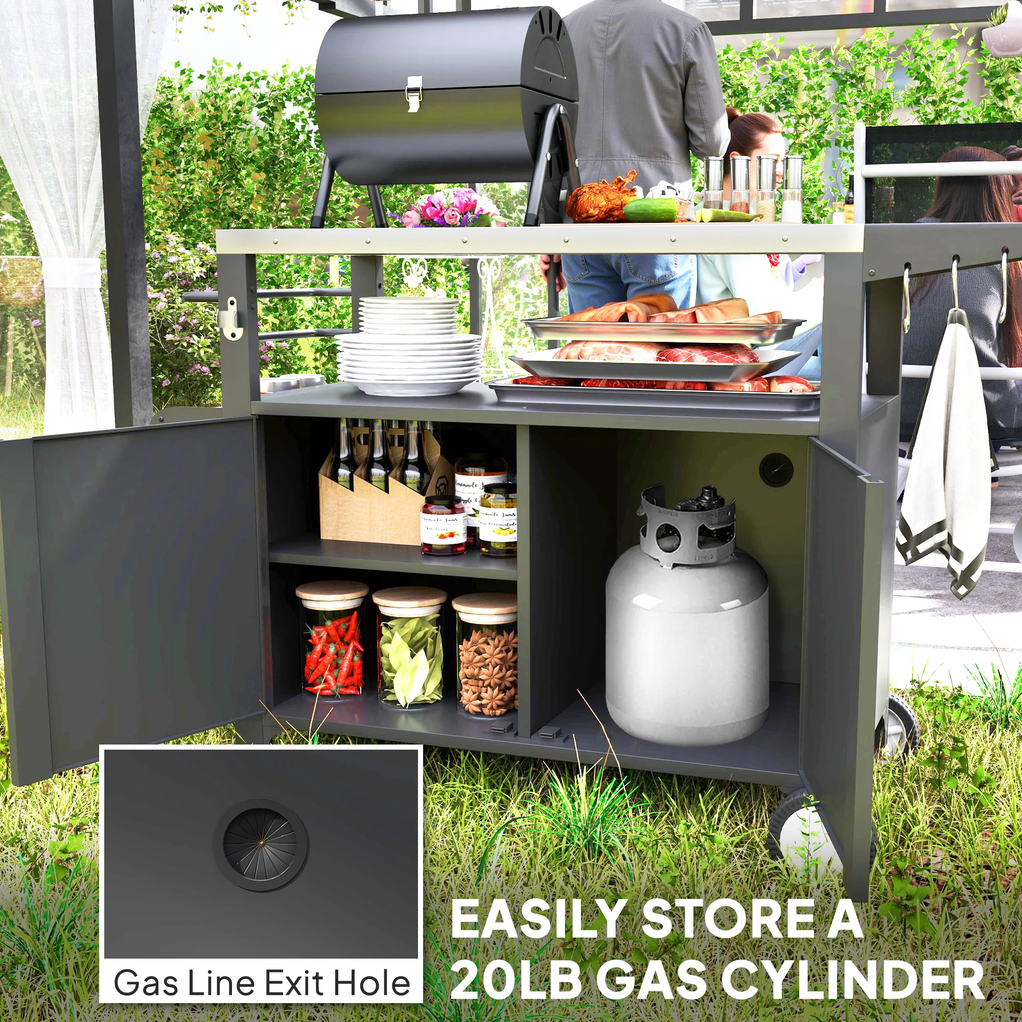 Outdoor Movable Grill Cart with Stainless Steel Top & Foldable Side Shelf, 37.8" x 18.1" - Image 9