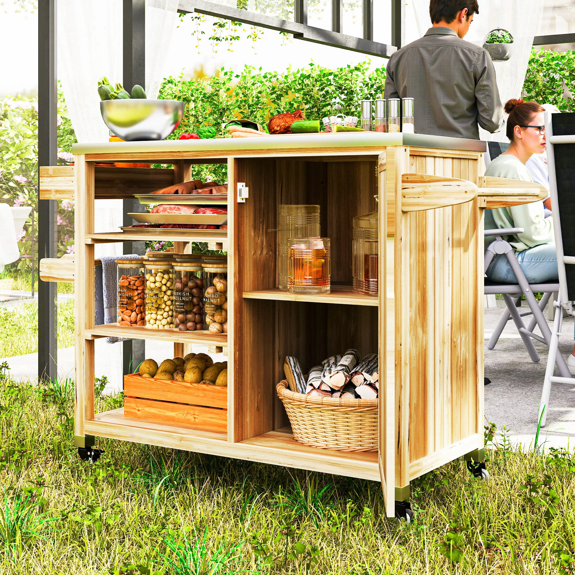 Outdoor Grill Cart with Stainless Steel Top, Wheels, Natural Wood - Image 4