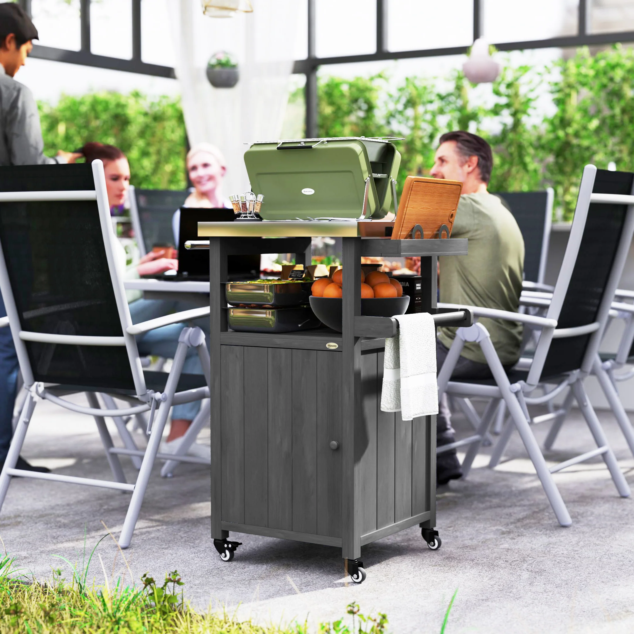 Solid Wood Outdoor Kitchen Island with Stainless Steel Top, Wheels & Built-in Hole, Dark Gray - Image 11
