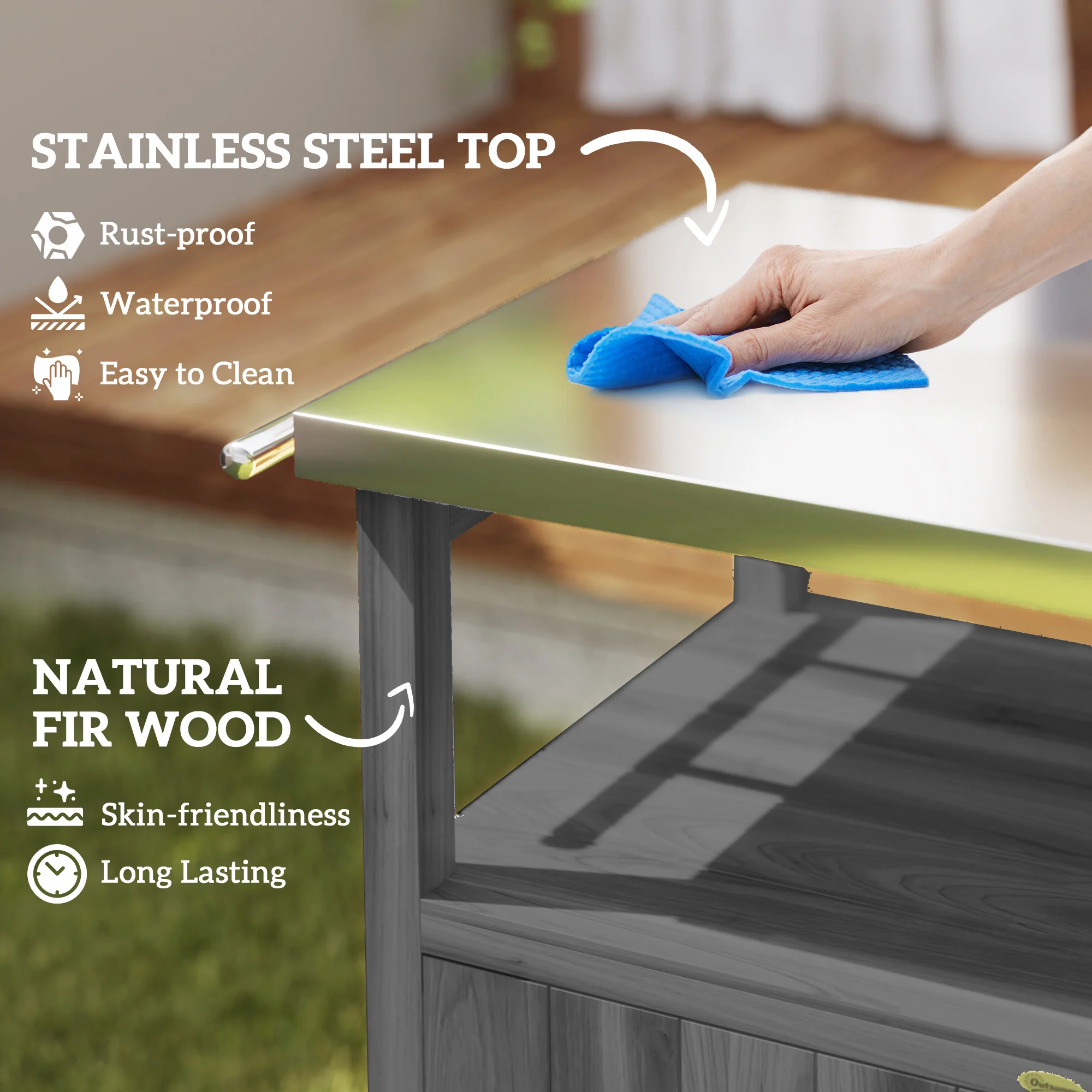 Solid Wood Outdoor Kitchen Island with Stainless Steel Top, Wheels & Built-in Hole, Dark Gray - Image 6