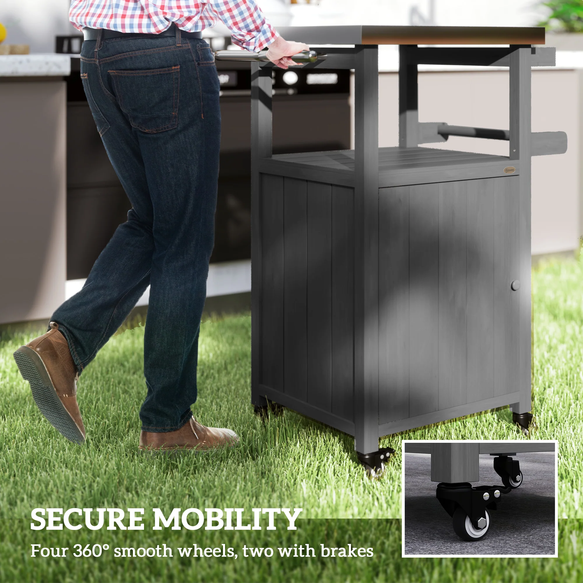 Solid Wood Outdoor Kitchen Island with Stainless Steel Top, Wheels & Built-in Hole, Dark Gray - Image 8