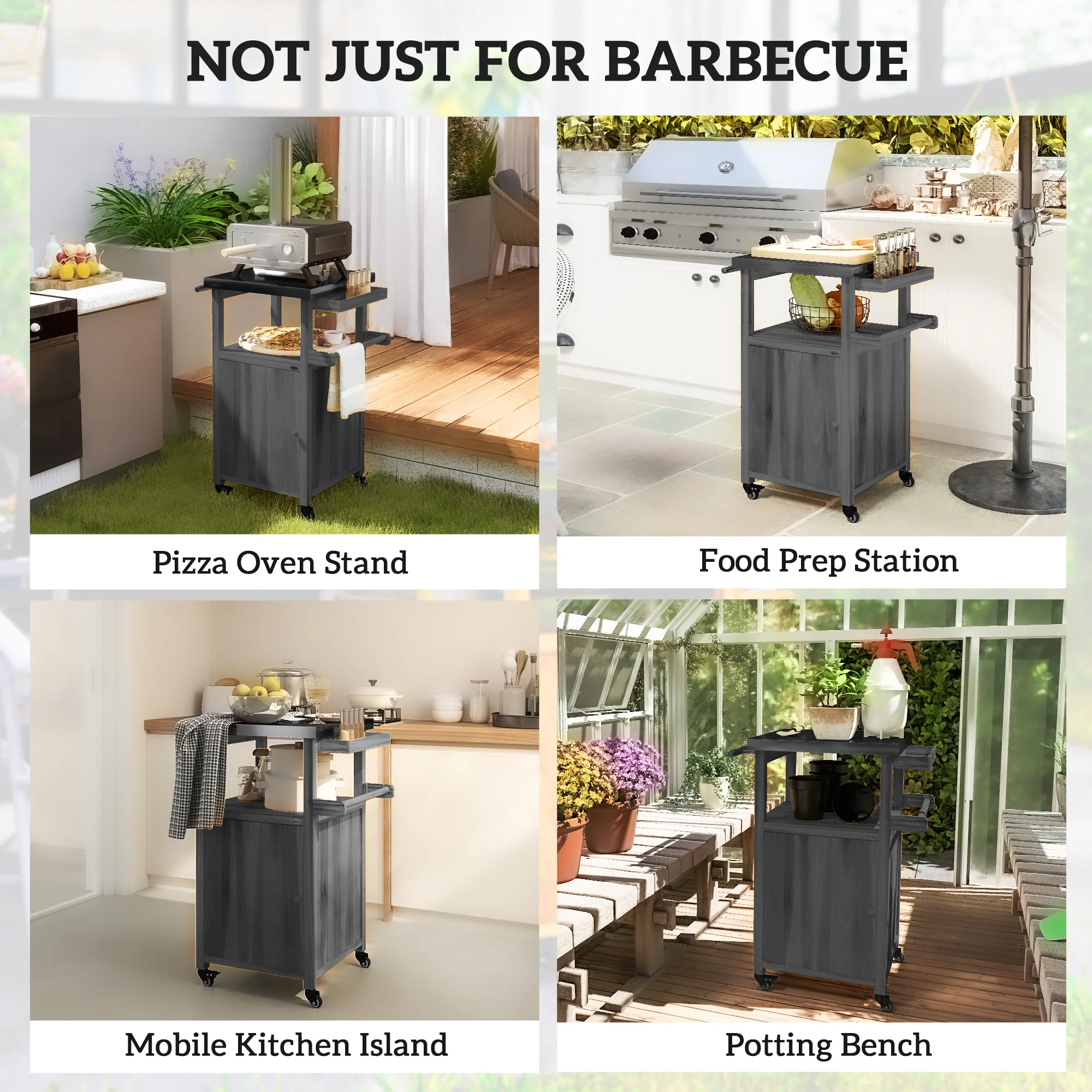 Solid Wood Outdoor Kitchen Island with Stainless Steel Top, Wheels & Built-in Hole, Dark Gray - Image 9