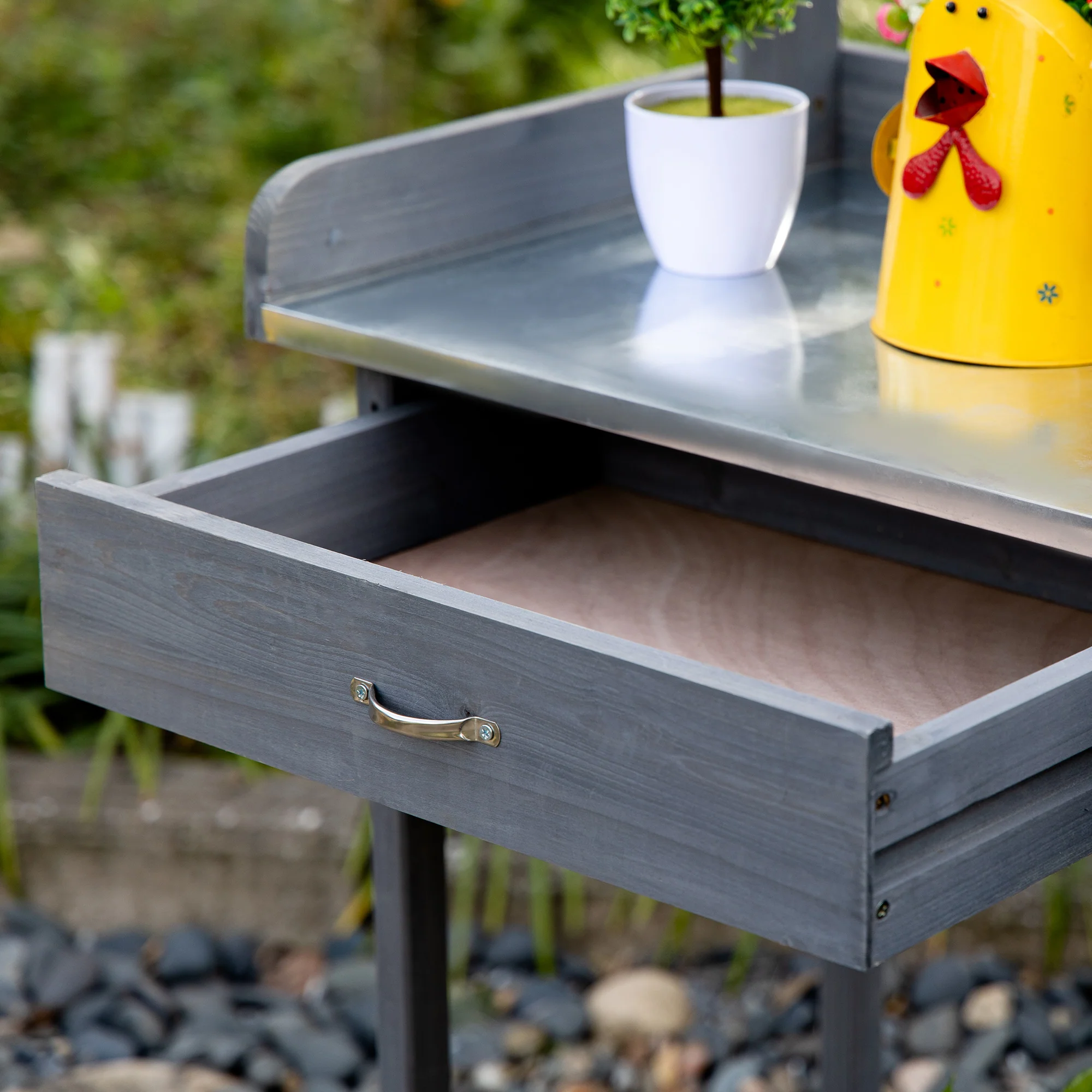 Outdoor Potting Bench Table with Storage Drawer & Cabinet, Steel Tabletop, Hooks, Gray - Image 11