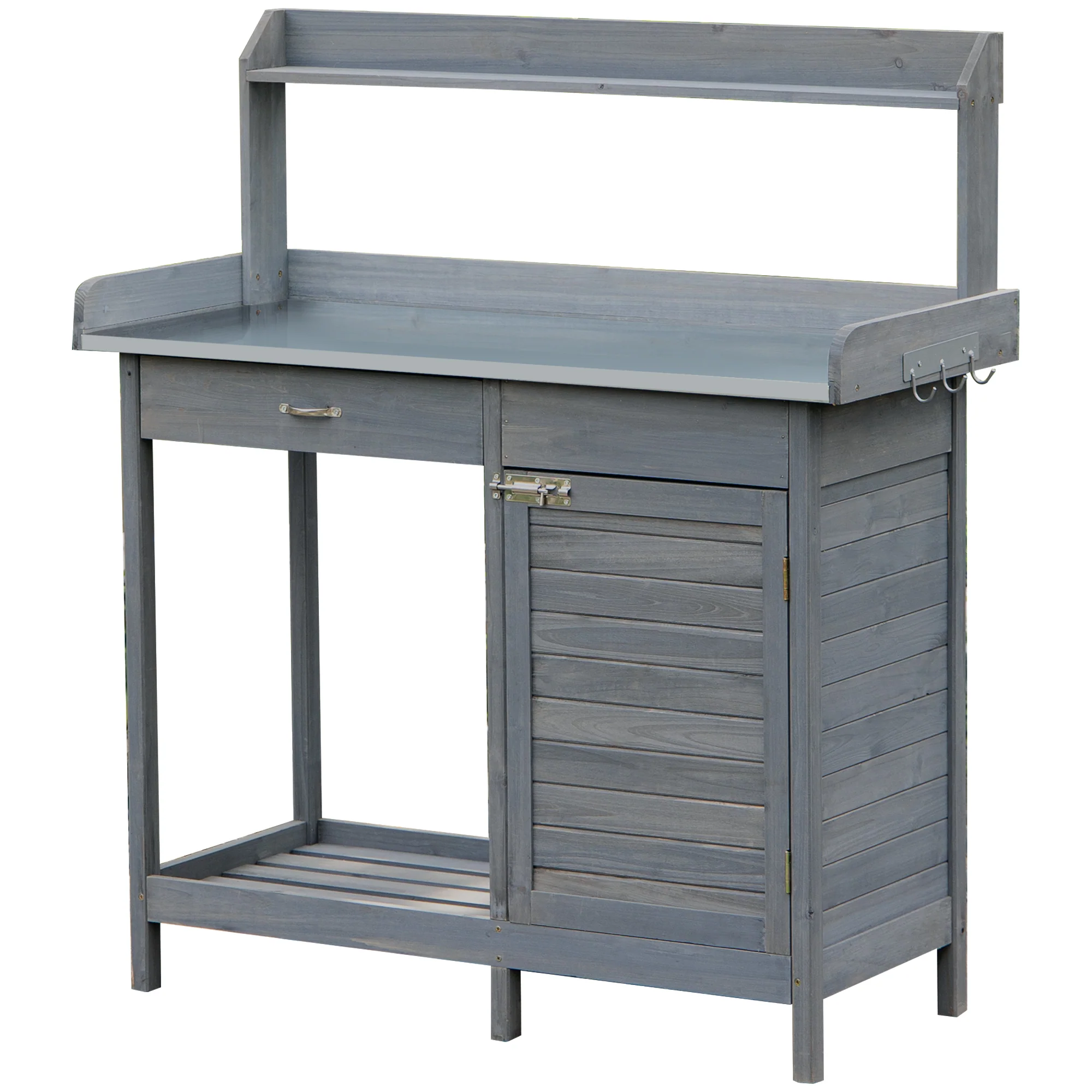 Outdoor Potting Bench Table with Storage Drawer & Cabinet, Steel Tabletop, Hooks, Gray - Image 12