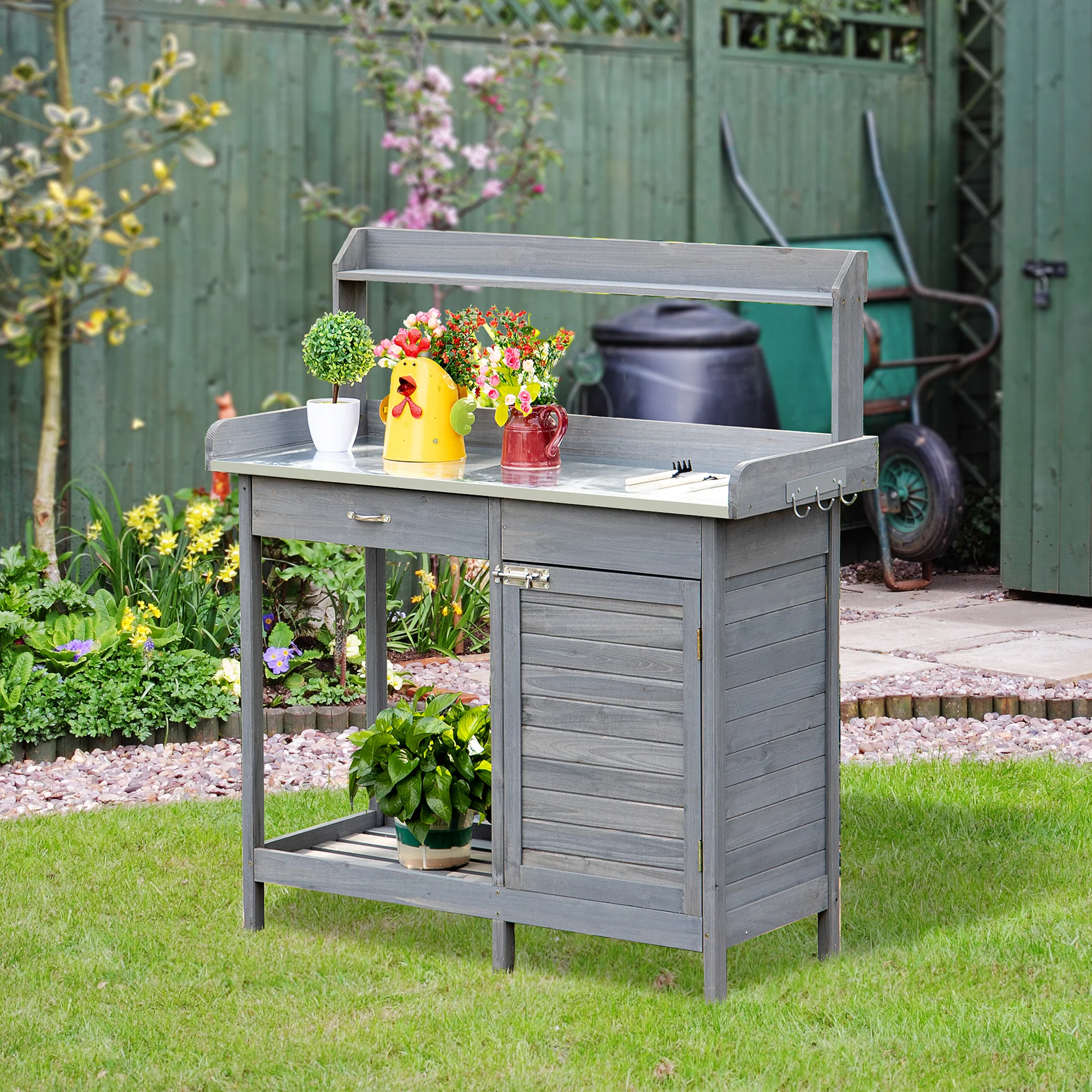 Outdoor Potting Bench Table with Storage Drawer & Cabinet, Steel Tabletop, Hooks, Gray - Image 3