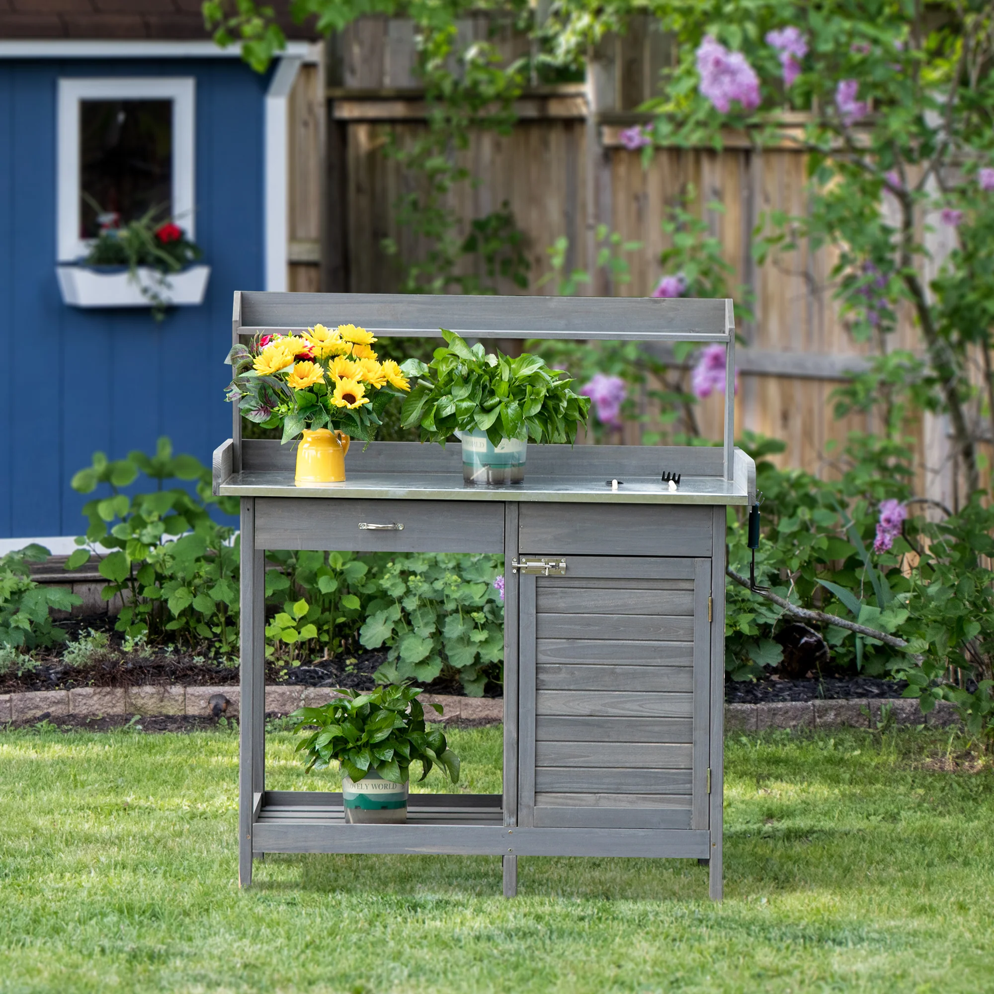 Outdoor Potting Bench Table with Storage Drawer & Cabinet, Steel Tabletop, Hooks, Gray - Image 4