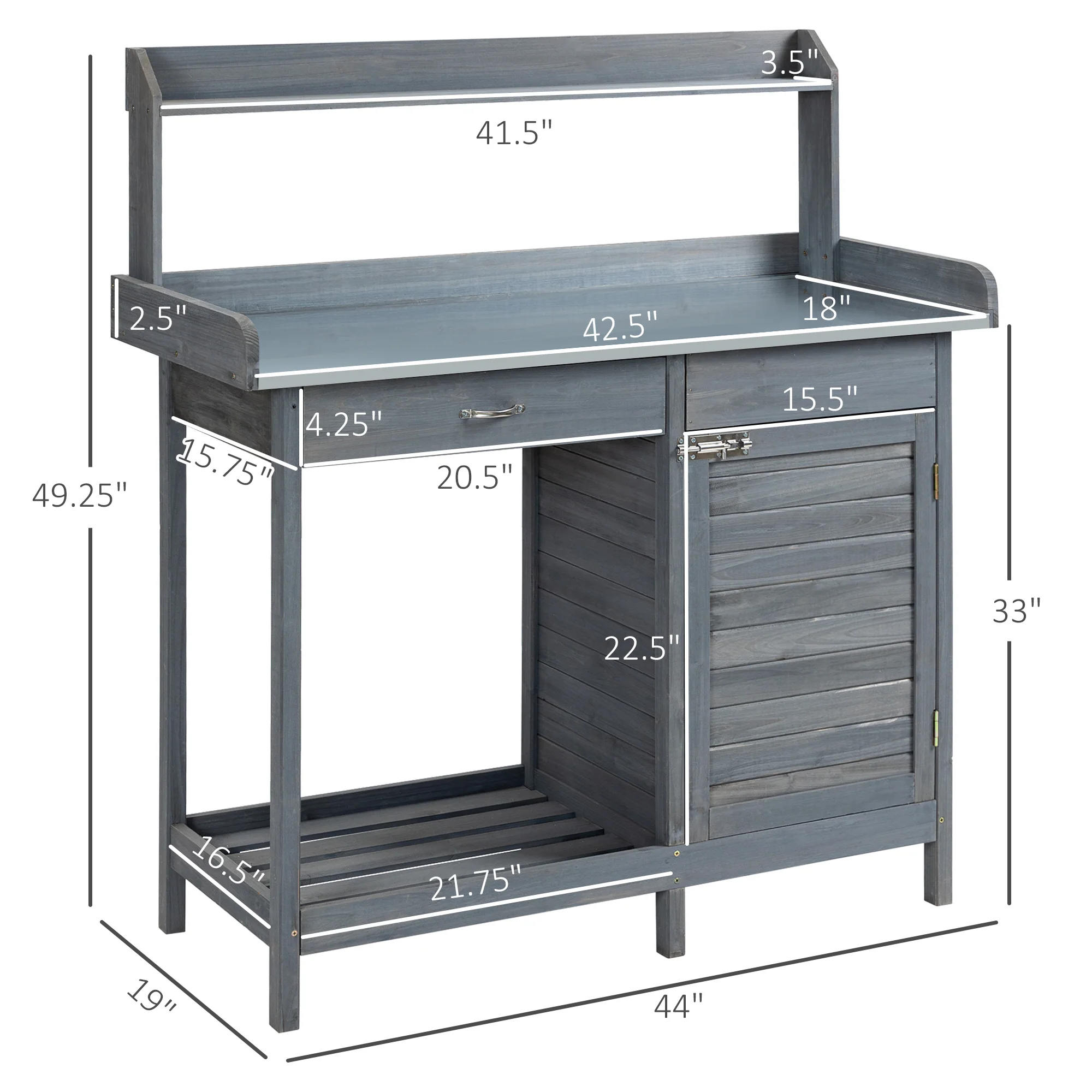 Outdoor Potting Bench Table with Storage Drawer & Cabinet, Steel Tabletop, Hooks, Gray - Image 5