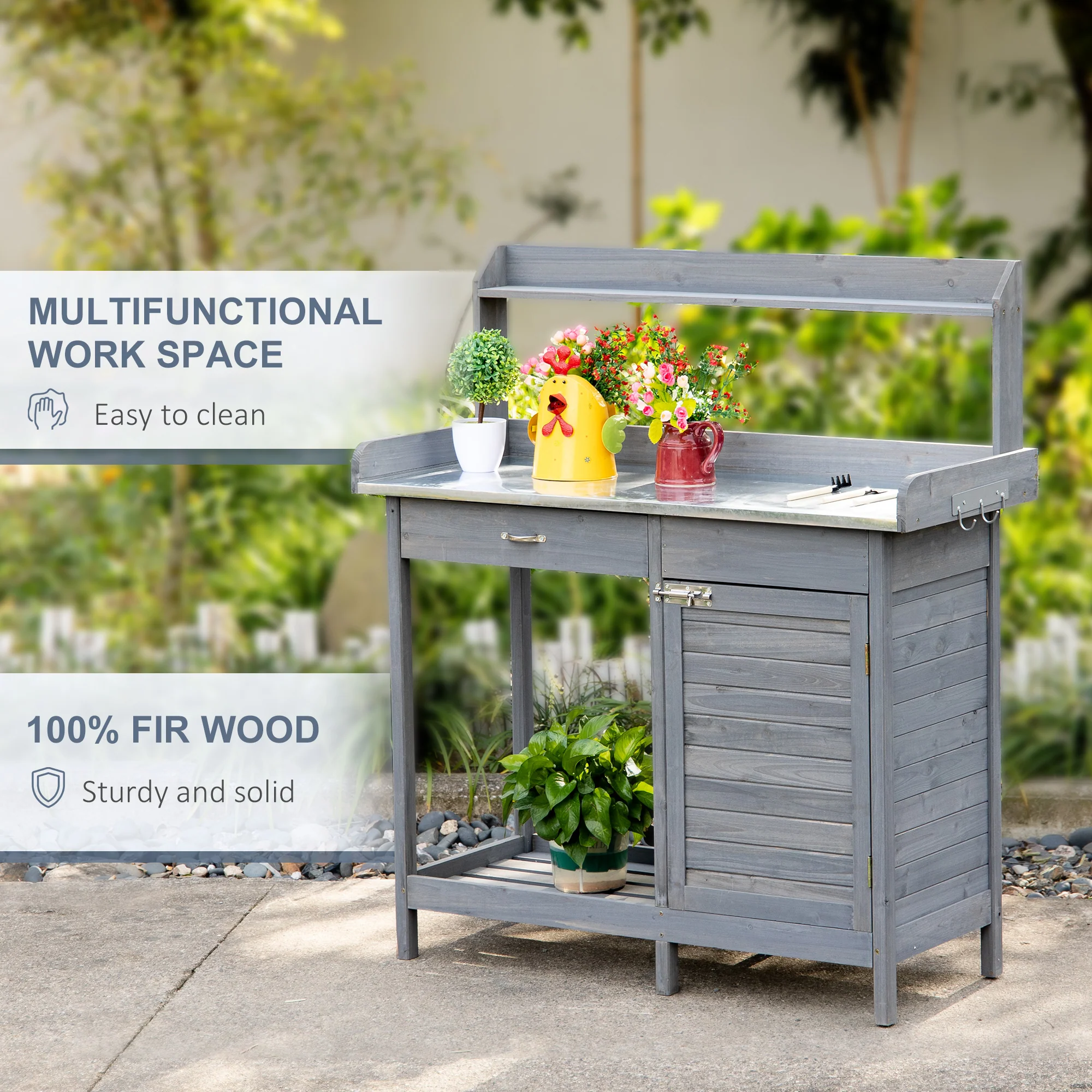 Outdoor Potting Bench Table with Storage Drawer & Cabinet, Steel Tabletop, Hooks, Gray - Image 9