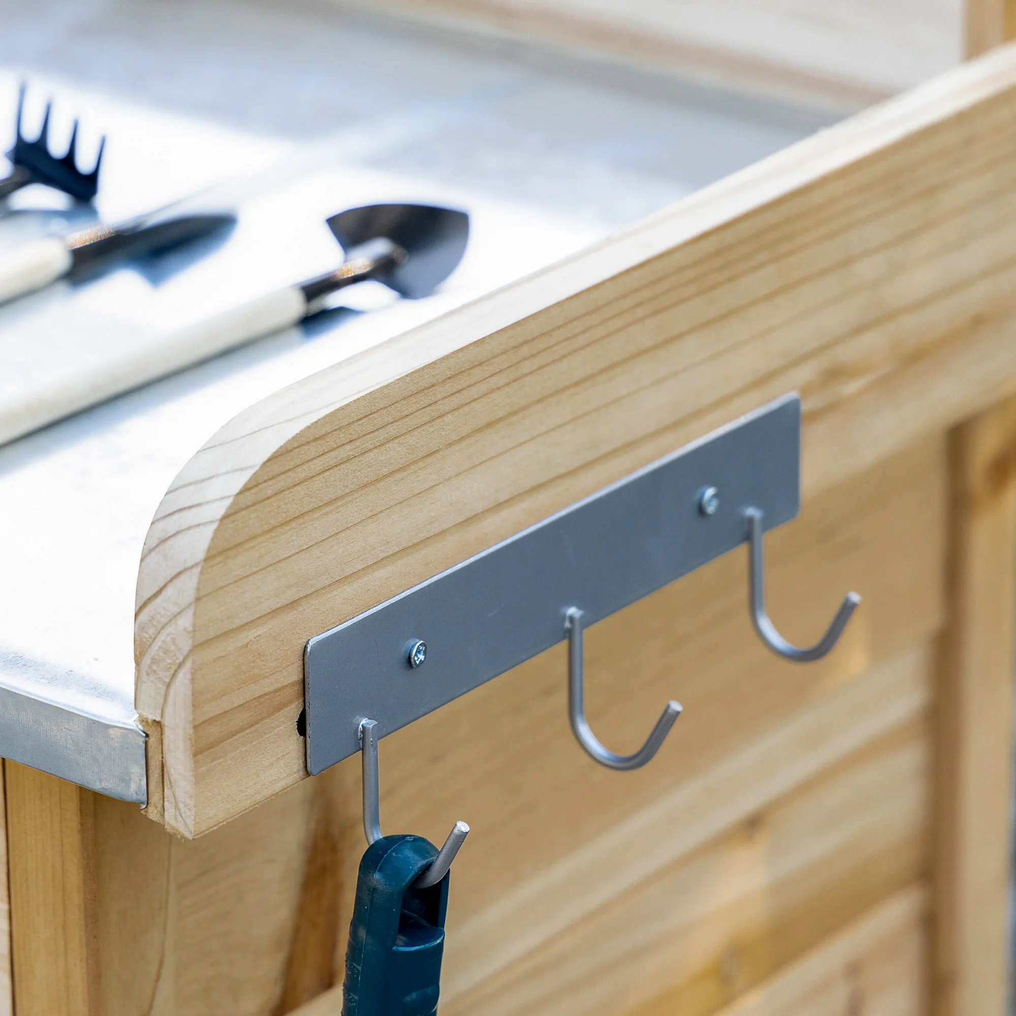 Outdoor Potting Bench Table with Storage Drawer & Cabinet, Steel Tabletop, Hooks, Natural - Image 10