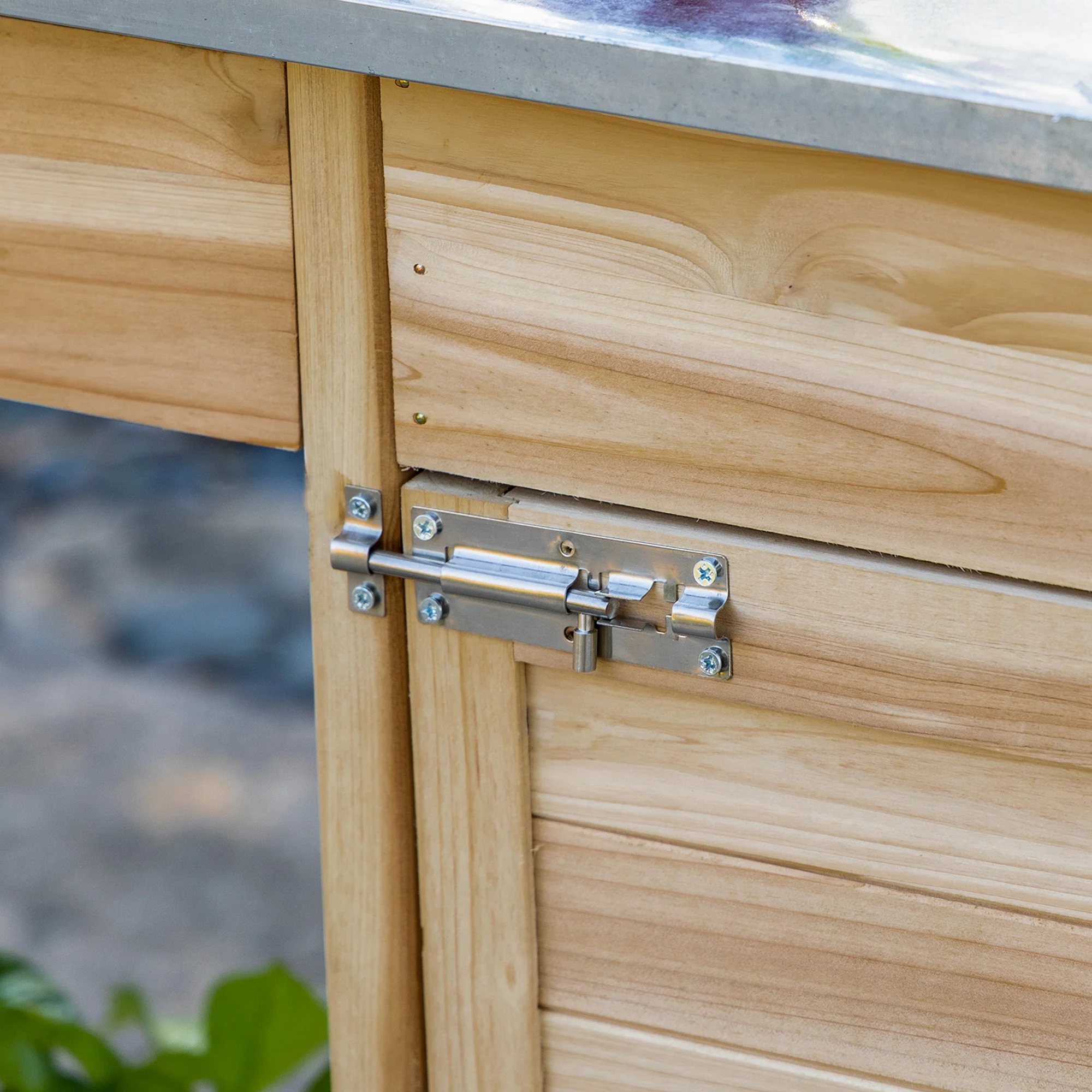 Outdoor Potting Bench Table with Storage Drawer & Cabinet, Steel Tabletop, Hooks, Natural - Image 11