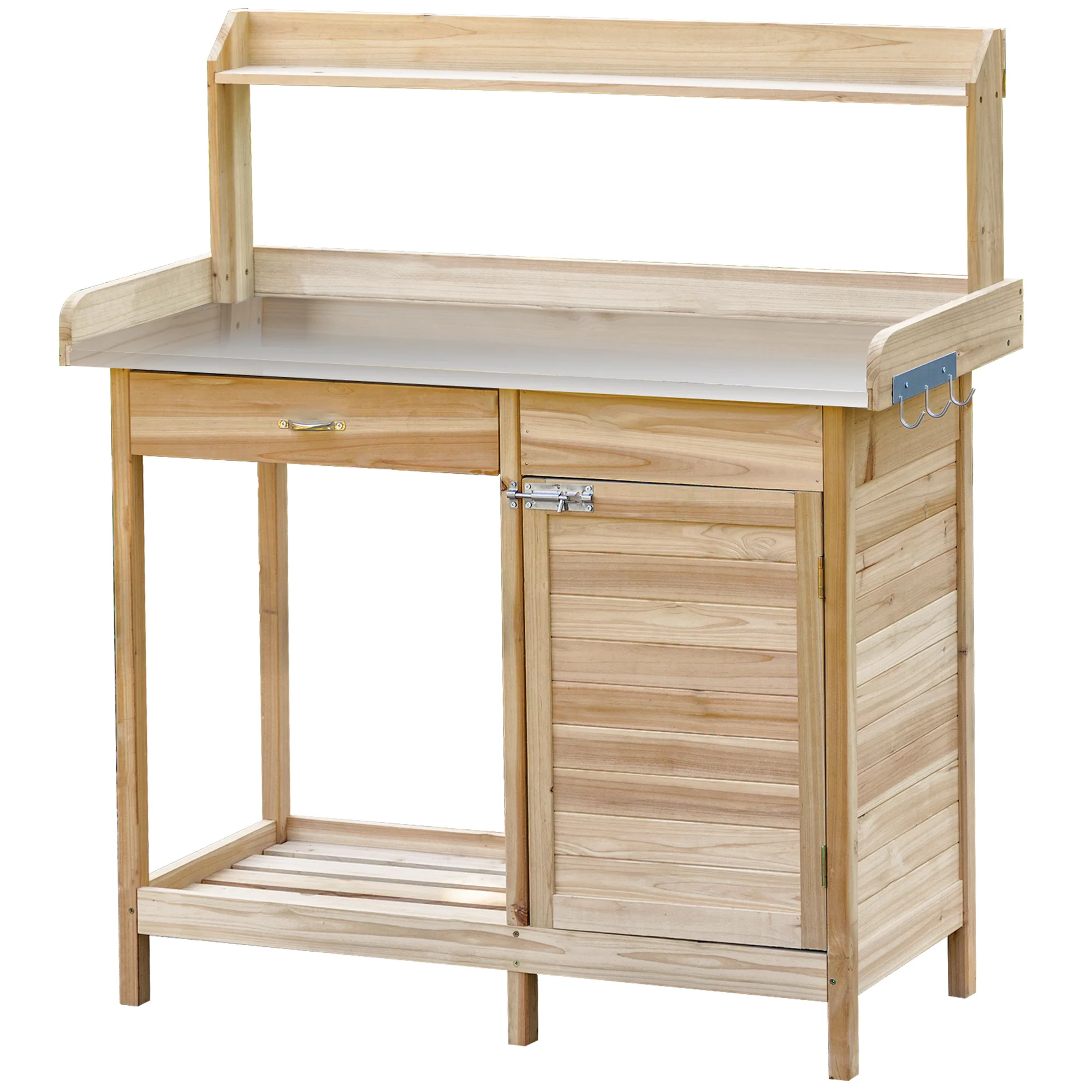Outdoor Potting Bench Table with Storage Drawer & Cabinet, Steel Tabletop, Hooks, Natural - Image 12