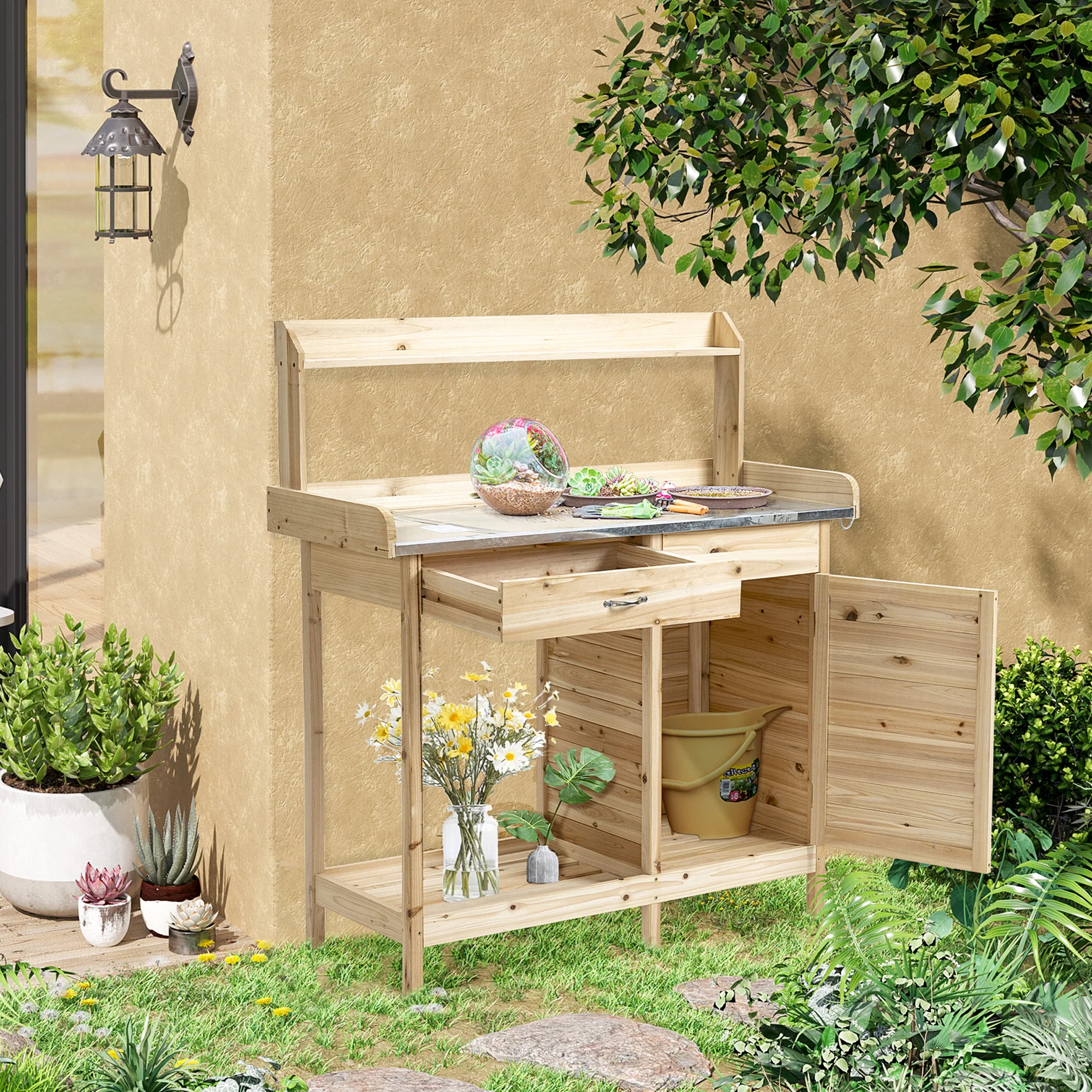 Outdoor Potting Bench Table with Storage Drawer & Cabinet, Steel Tabletop, Hooks, Natural - Image 4