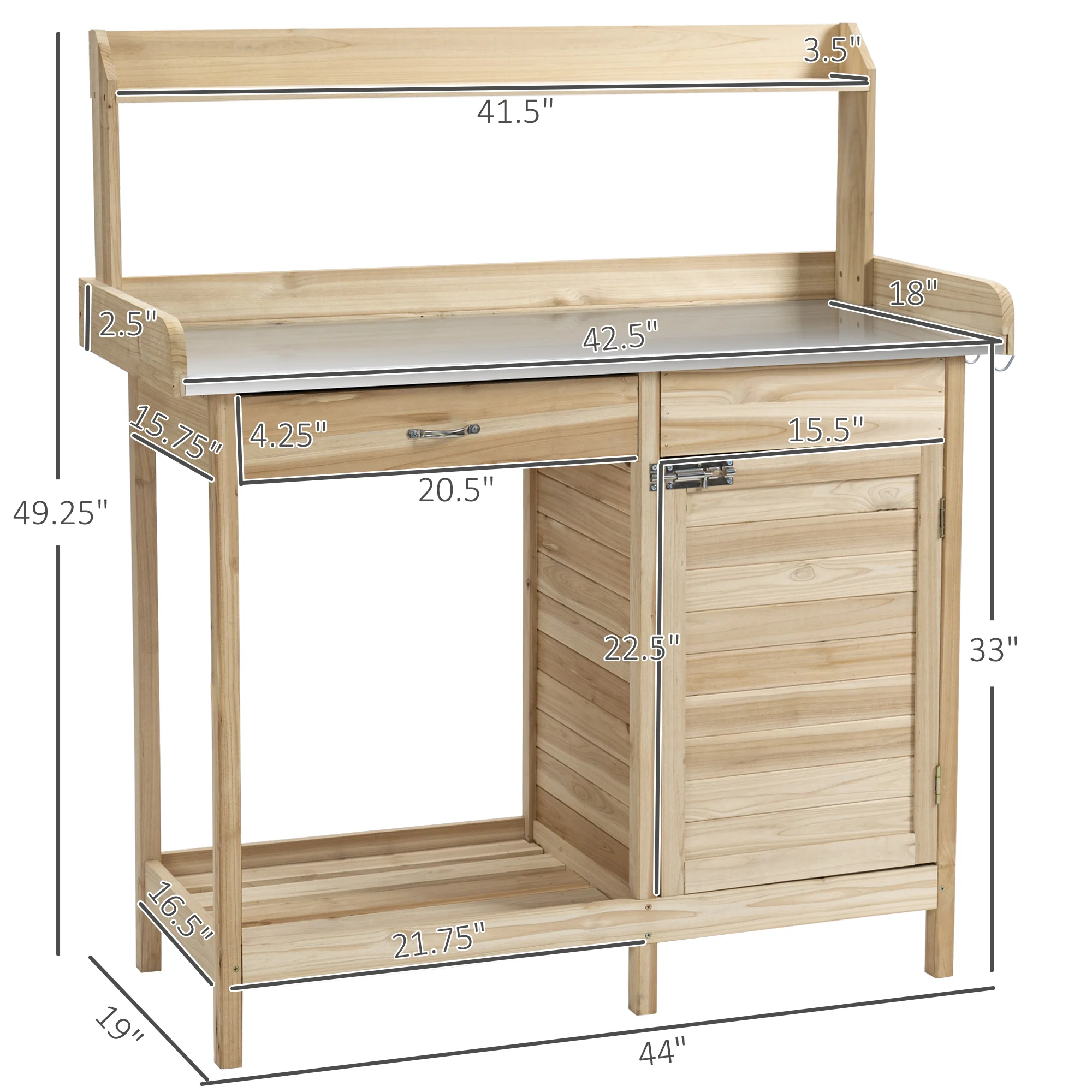 Outdoor Potting Bench Table with Storage Drawer & Cabinet, Steel Tabletop, Hooks, Natural - Image 5