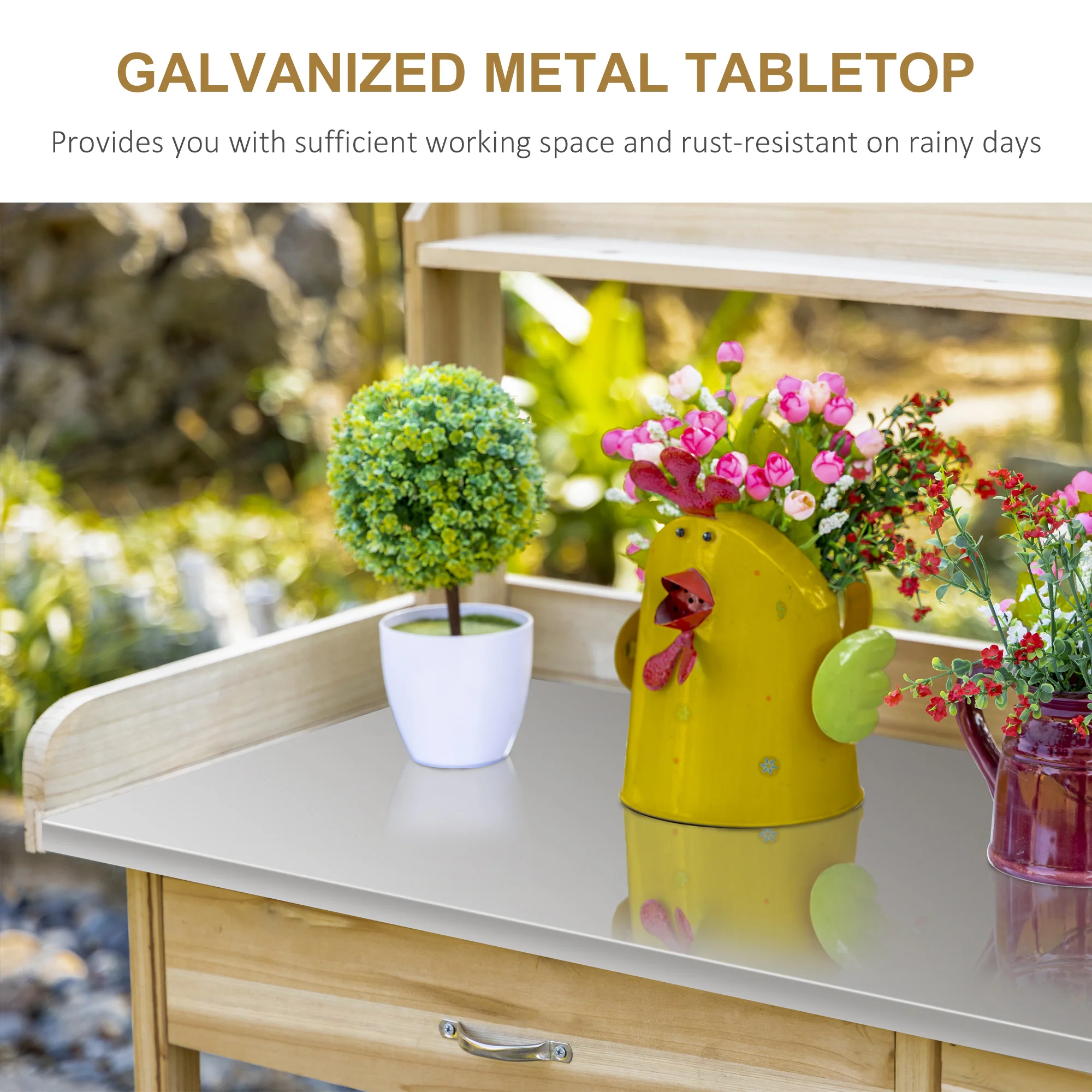 Outdoor Potting Bench Table with Storage Drawer & Cabinet, Steel Tabletop, Hooks, Natural - Image 6