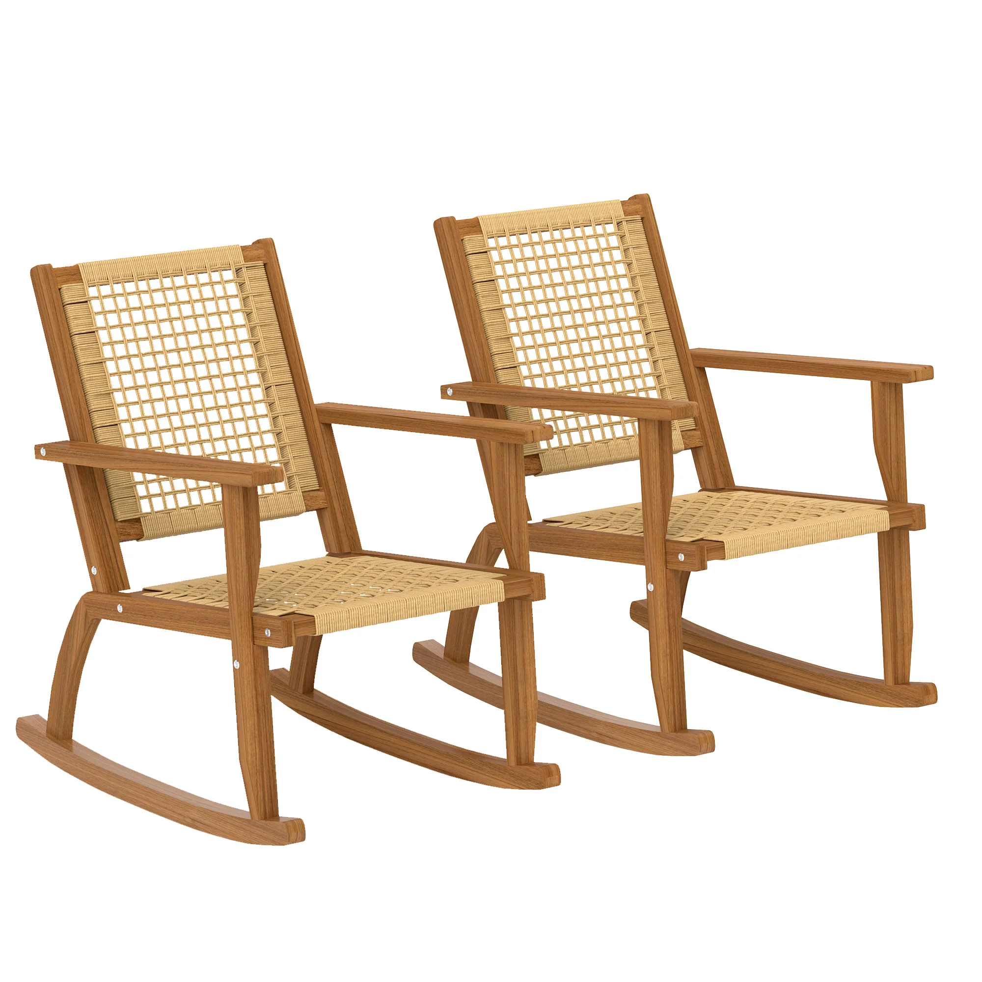 Acacia Wood Porch Rocking Chair Set of 2,  Rattan Wicker Back and Seat, Khaki - Image 12