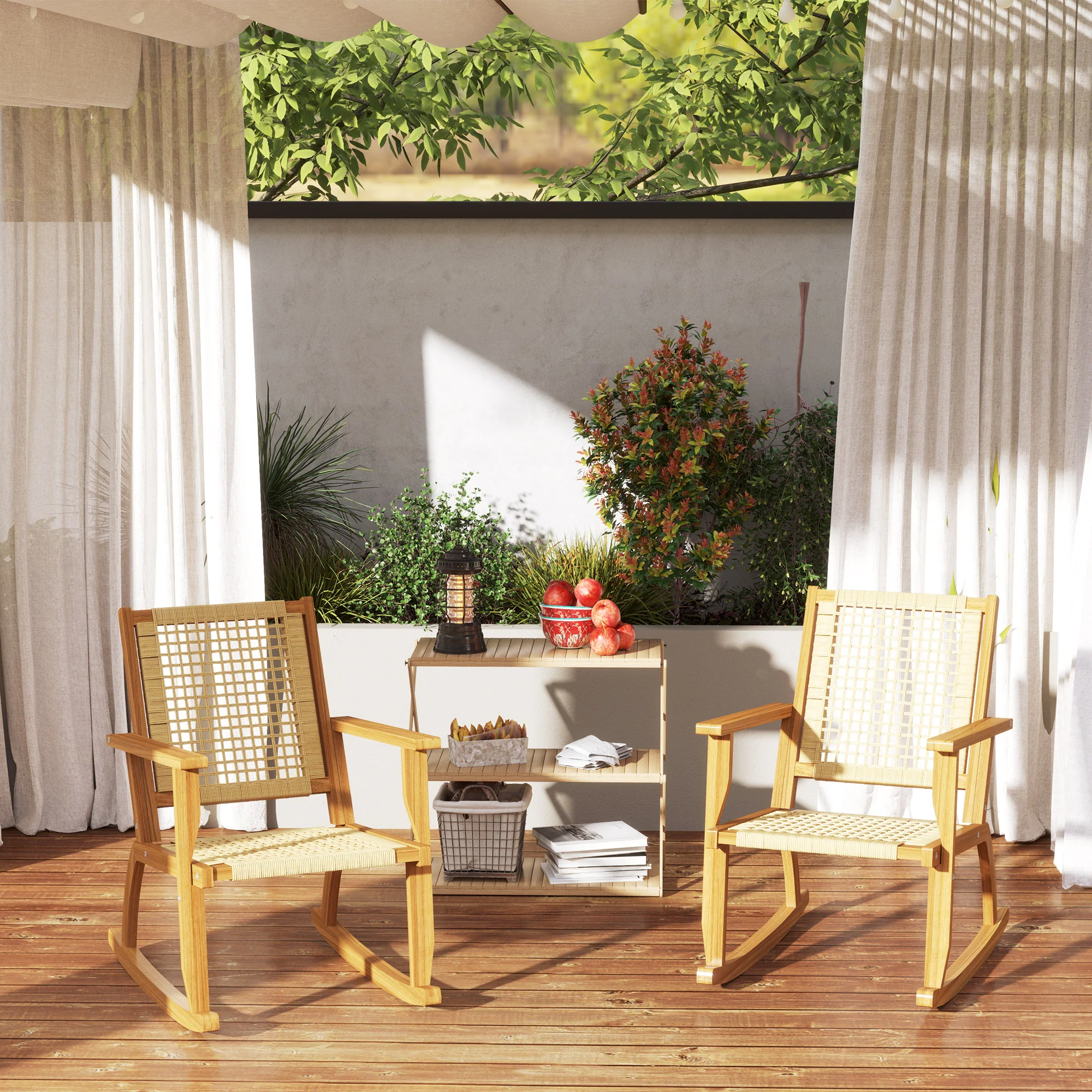 Acacia Wood Porch Rocking Chair Set of 2,  Rattan Wicker Back and Seat, Khaki - Image 4