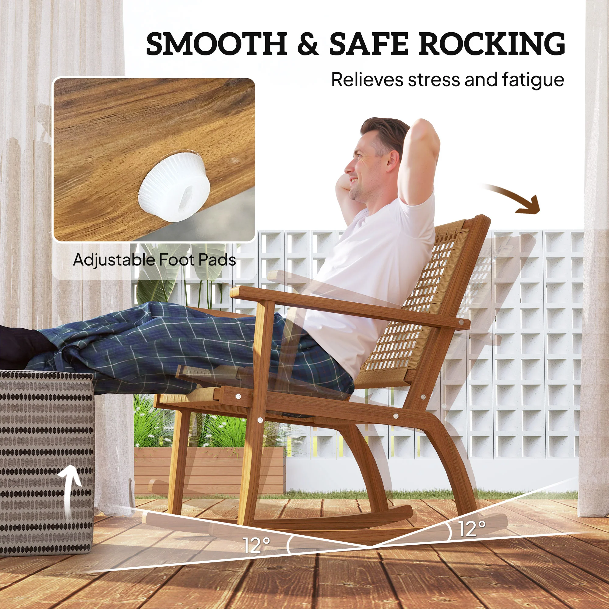 Acacia Wood Porch Rocking Chair Set of 2,  Rattan Wicker Back and Seat, Khaki - Image 6