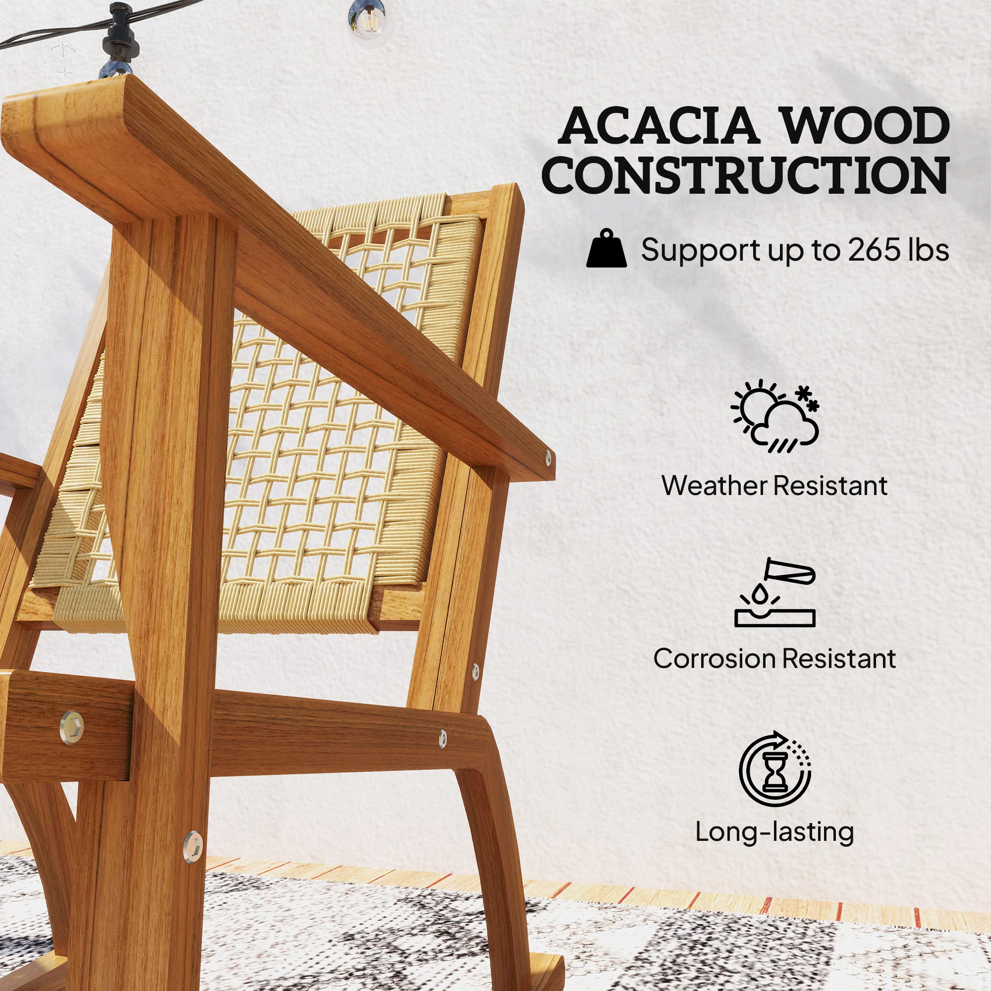 Acacia Wood Porch Rocking Chair Set of 2,  Rattan Wicker Back and Seat, Khaki - Image 7