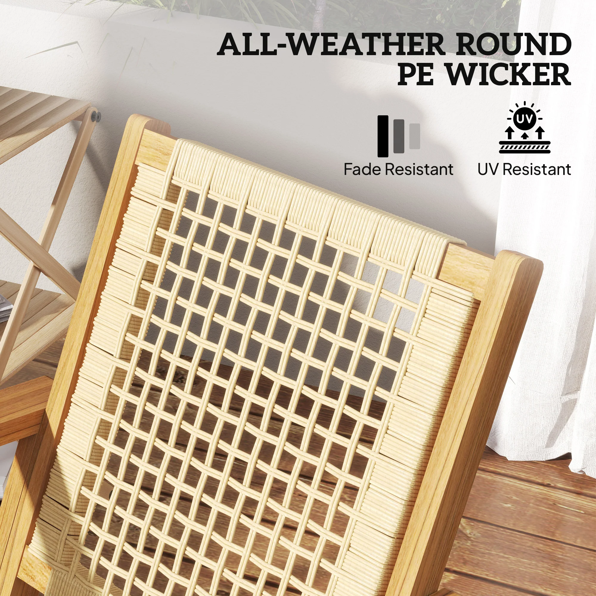 Acacia Wood Porch Rocking Chair Set of 2,  Rattan Wicker Back and Seat, Khaki - Image 8