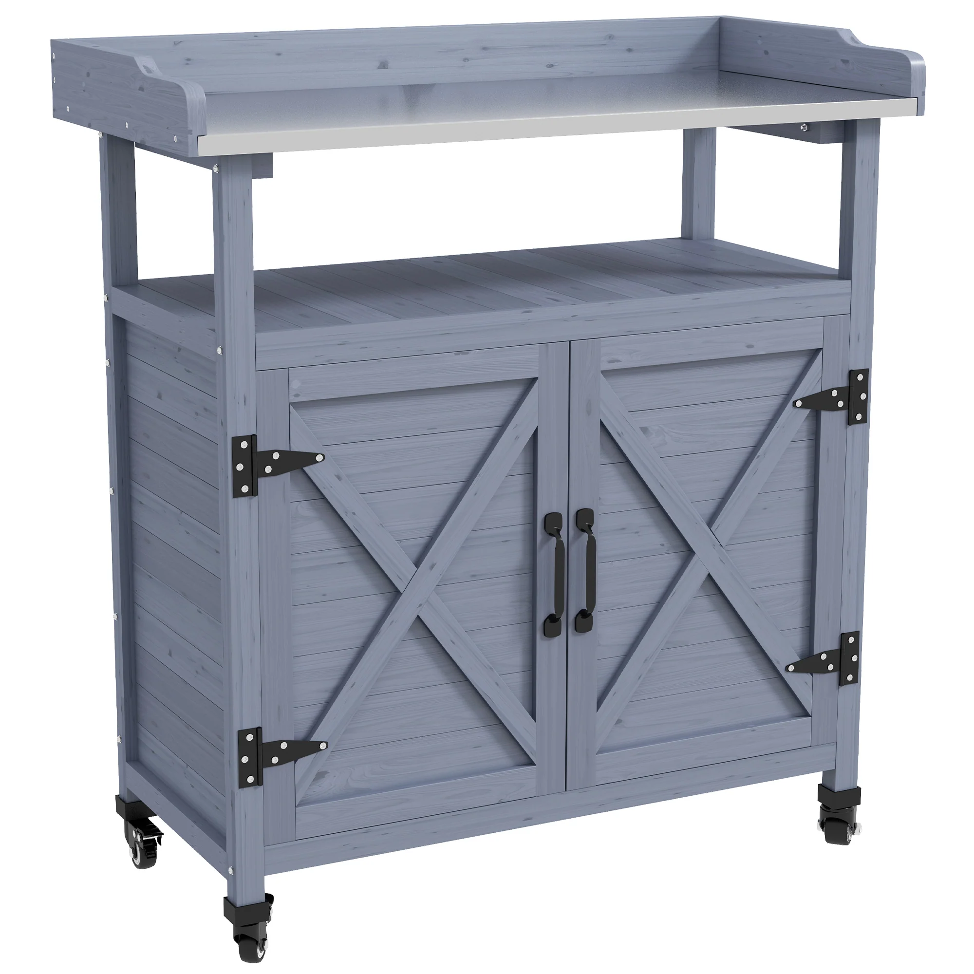 Outdoor Potting Bench Table with Storage Cabinet, Aluminum Tabletop, Rubber Wheels, Gray - Image 12
