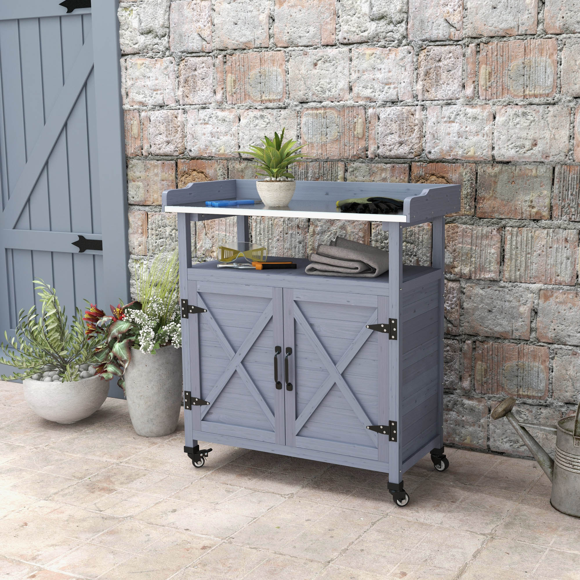 Outdoor Potting Bench Table with Storage Cabinet, Aluminum Tabletop, Rubber Wheels, Gray - Image 4