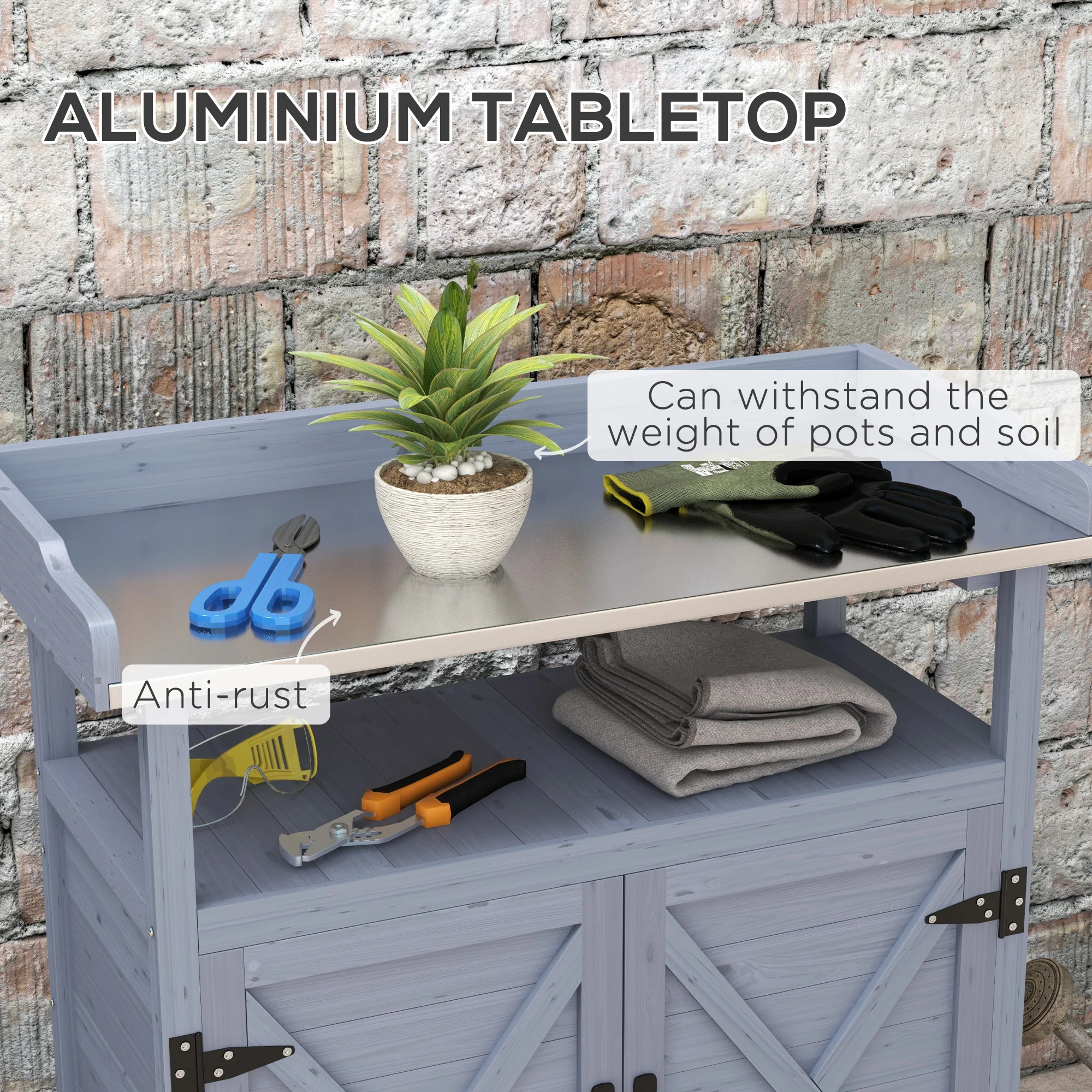 Outdoor Potting Bench Table with Storage Cabinet, Aluminum Tabletop, Rubber Wheels, Gray - Image 6