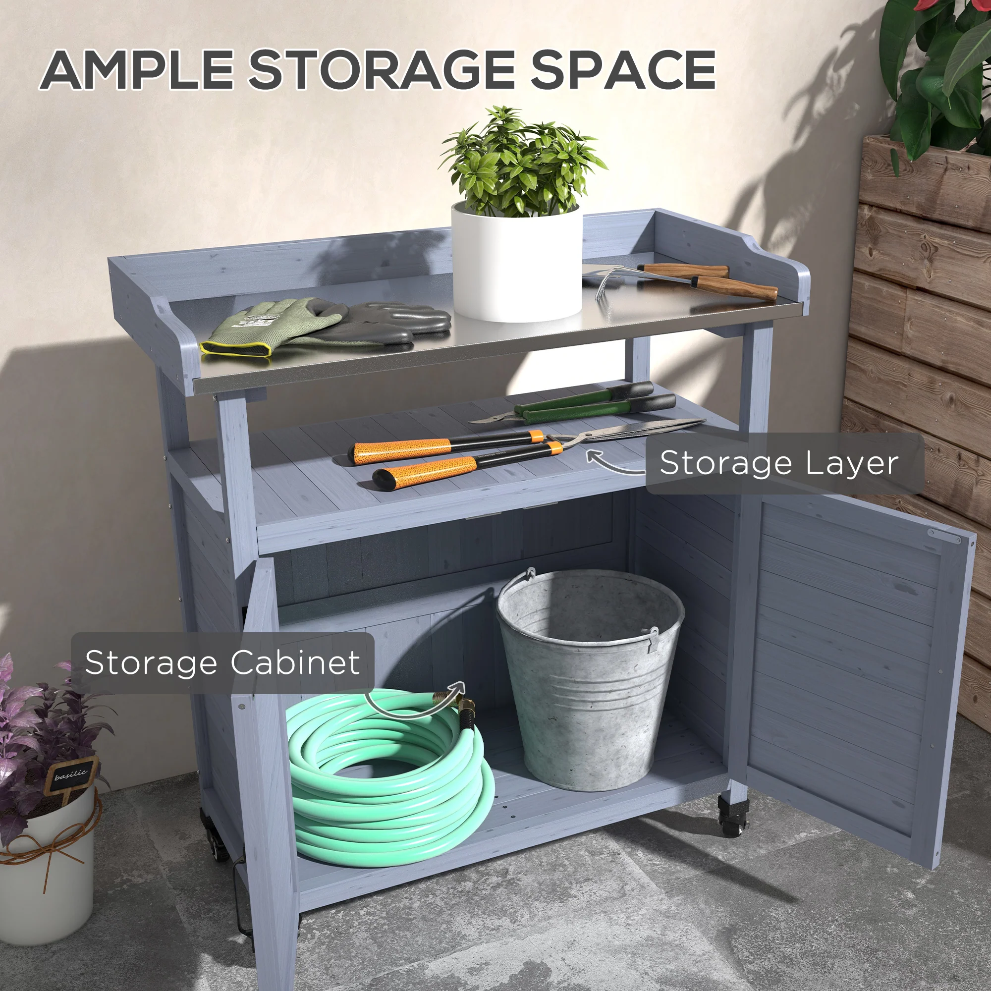 Outdoor Potting Bench Table with Storage Cabinet, Aluminum Tabletop, Rubber Wheels, Gray - Image 8