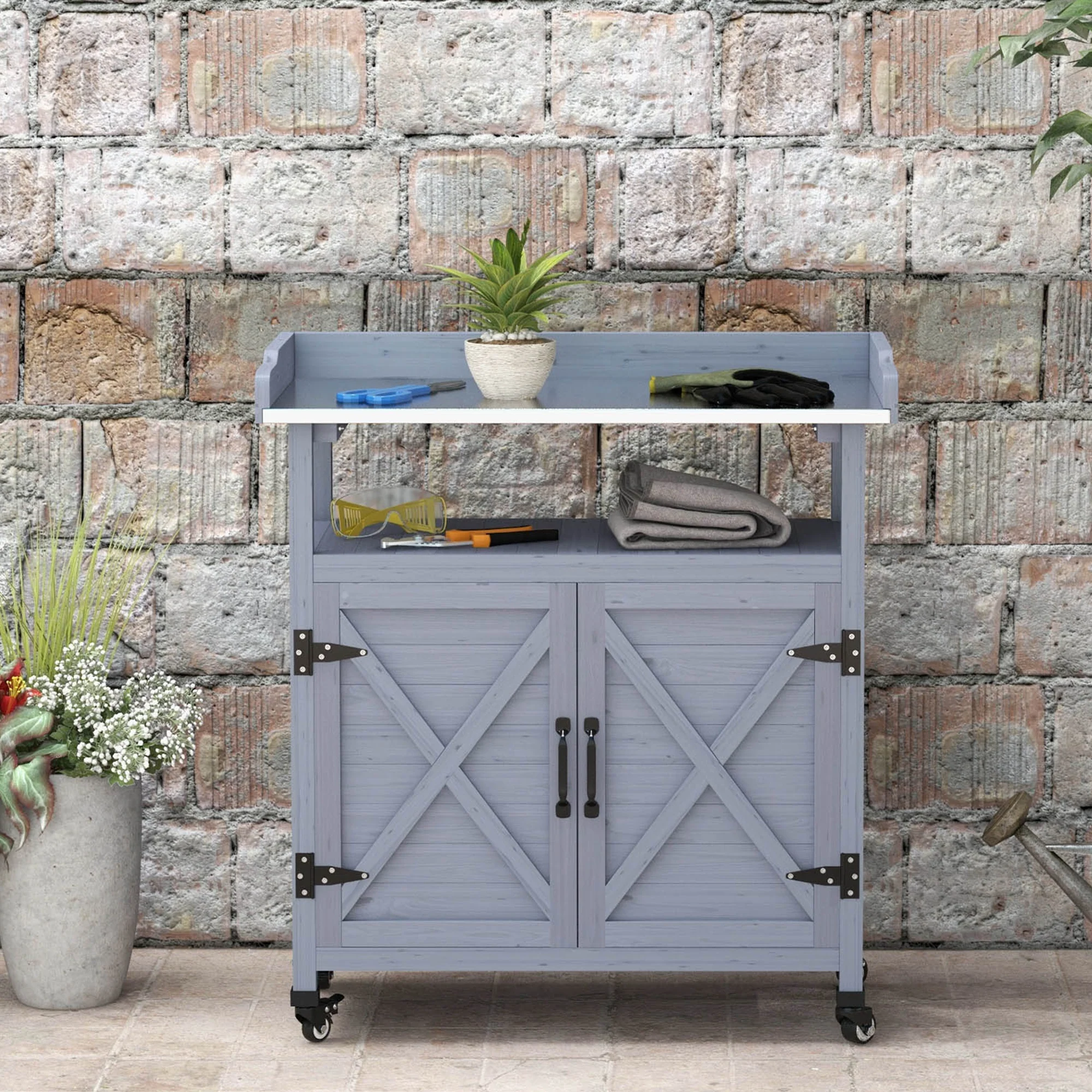 Outdoor Potting Bench Table with Storage Cabinet, Aluminum Tabletop, Rubber Wheels, Gray - Image 9