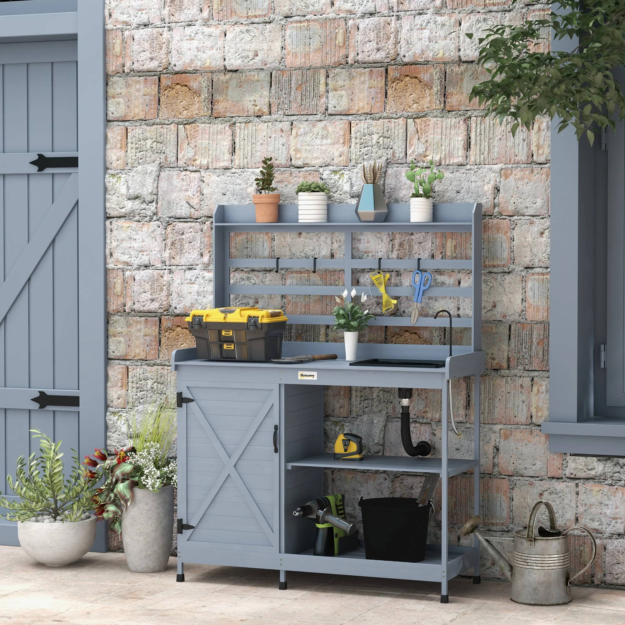Outdoor Wooden Potting Bench w/Sink and Water Tap,Storage Cabinet & Drawer Shelves, Gray - Image 4