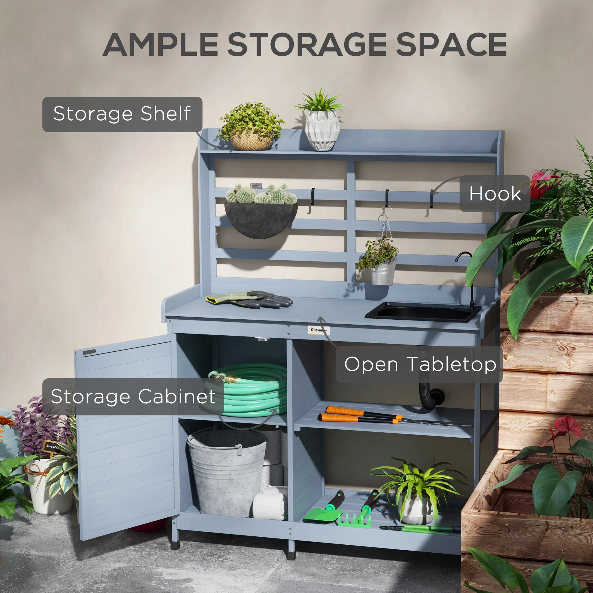 Outdoor Wooden Potting Bench w/Sink and Water Tap,Storage Cabinet & Drawer Shelves, Gray - Image 7