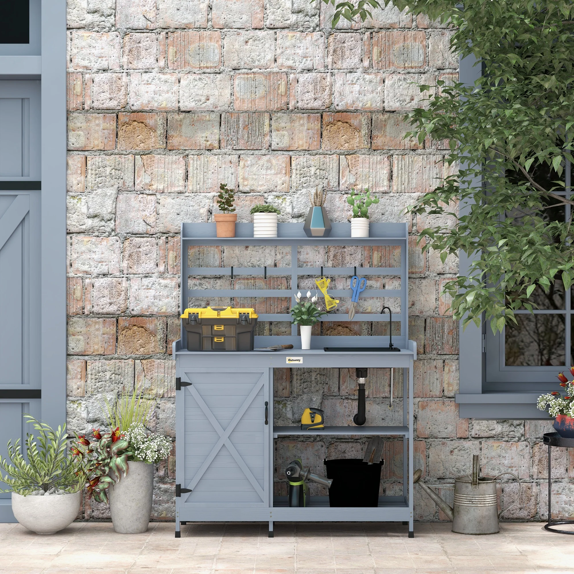 Outdoor Wooden Potting Bench w/Sink and Water Tap,Storage Cabinet & Drawer Shelves, Gray - Image 9