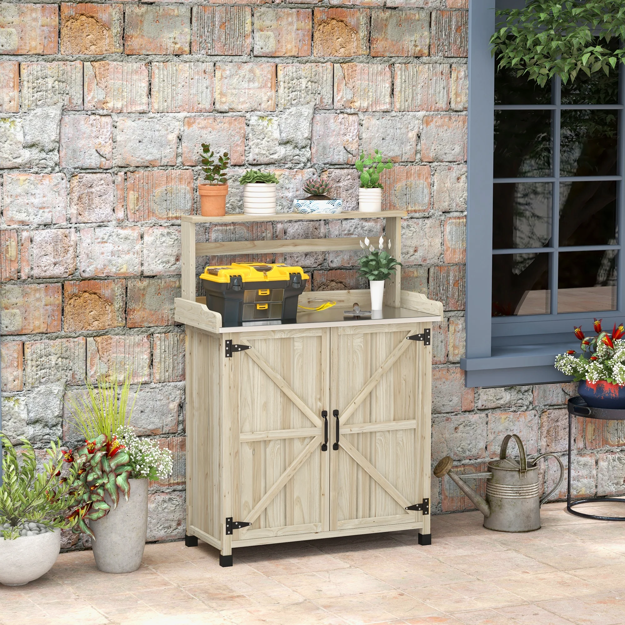 Outdoor Potting Bench Table with Storage Cabinet, Aluminum Tabletop, Rubber Wheels, Natural - Image 4