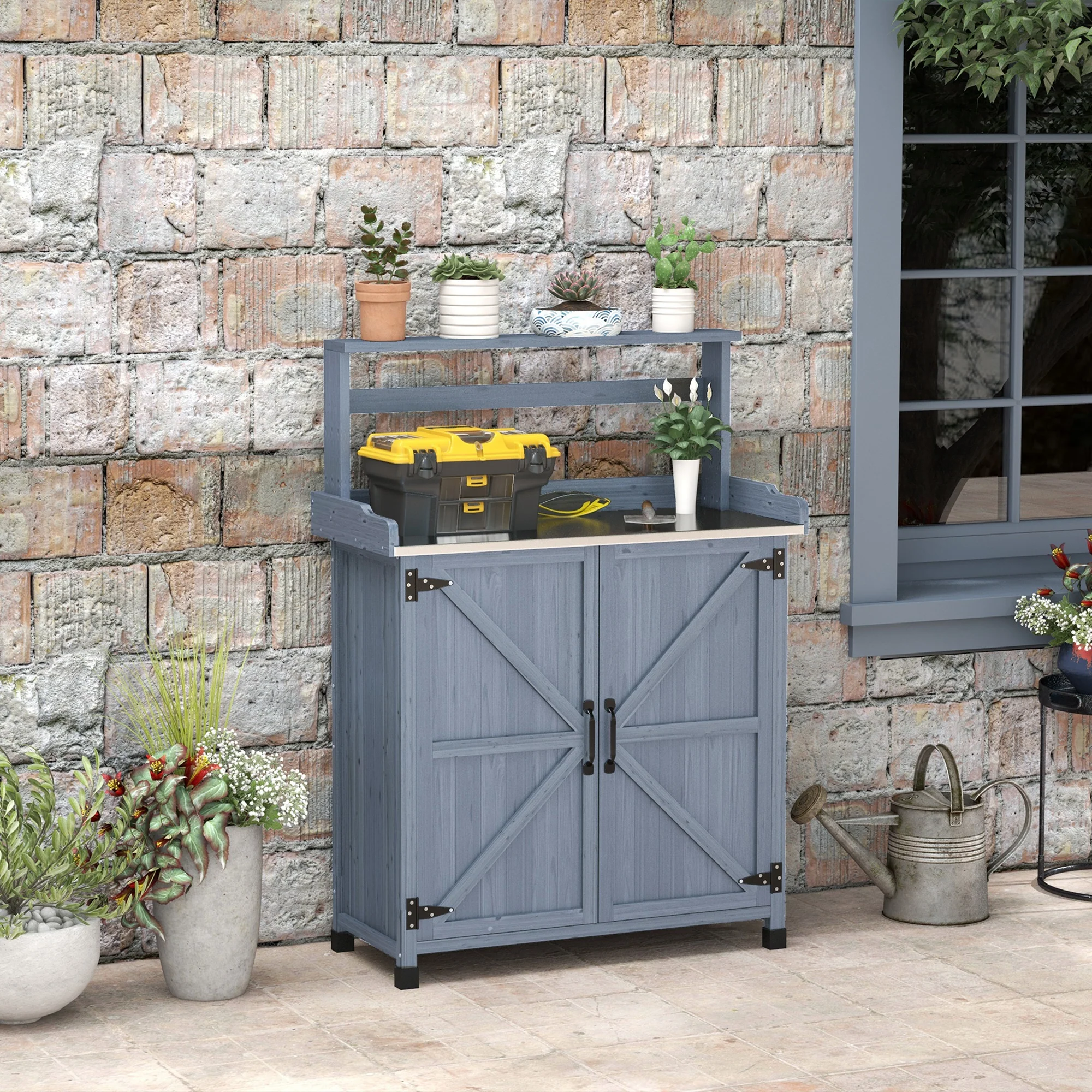 Outdoor Potting Bench with Storage Cabinet, Shelves, Galvanized Plated Tabletop, Gray - Image 4