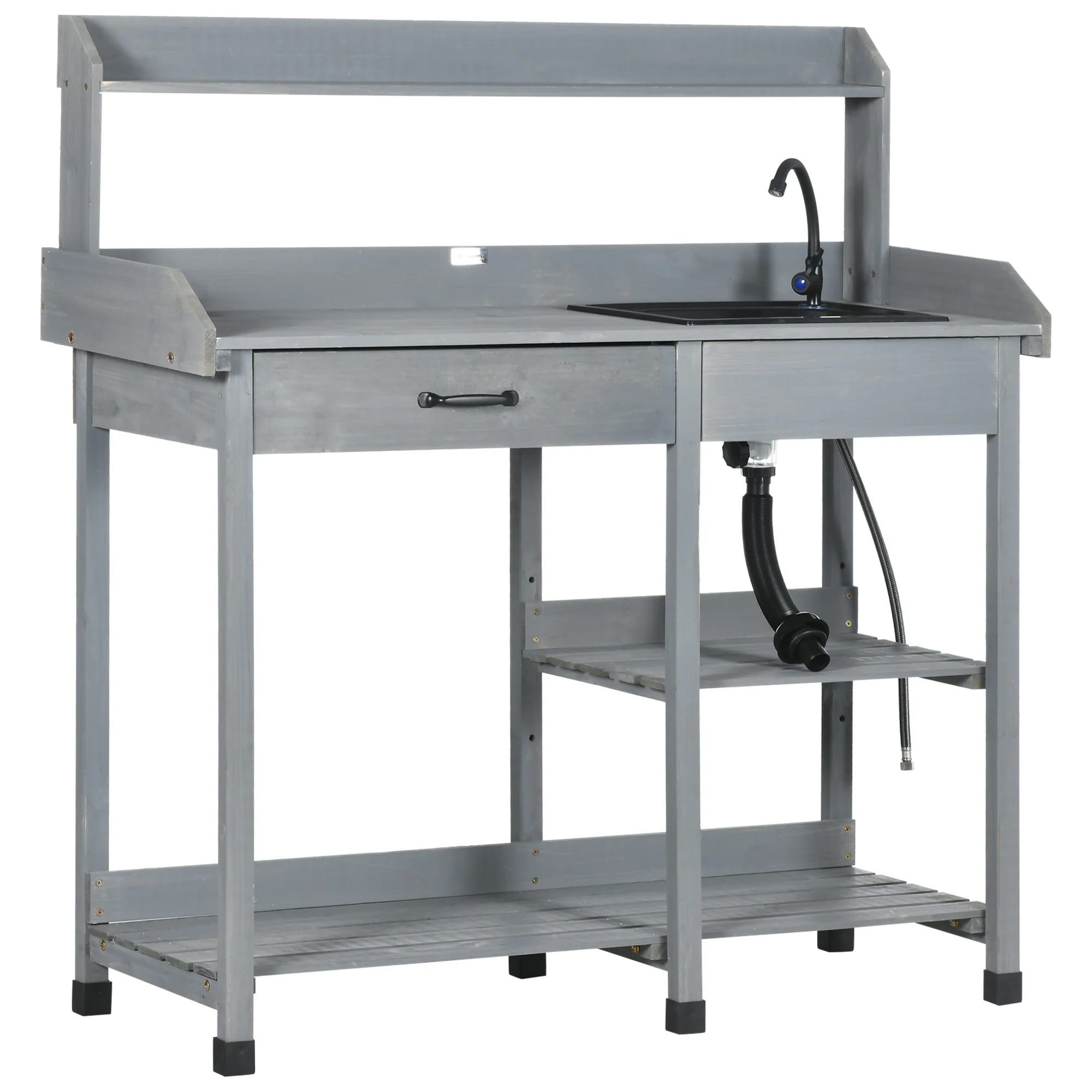 Potting Bench Table with Storage Shelves, Removable Sink, Faucet and Drawer, Gray - Image 12