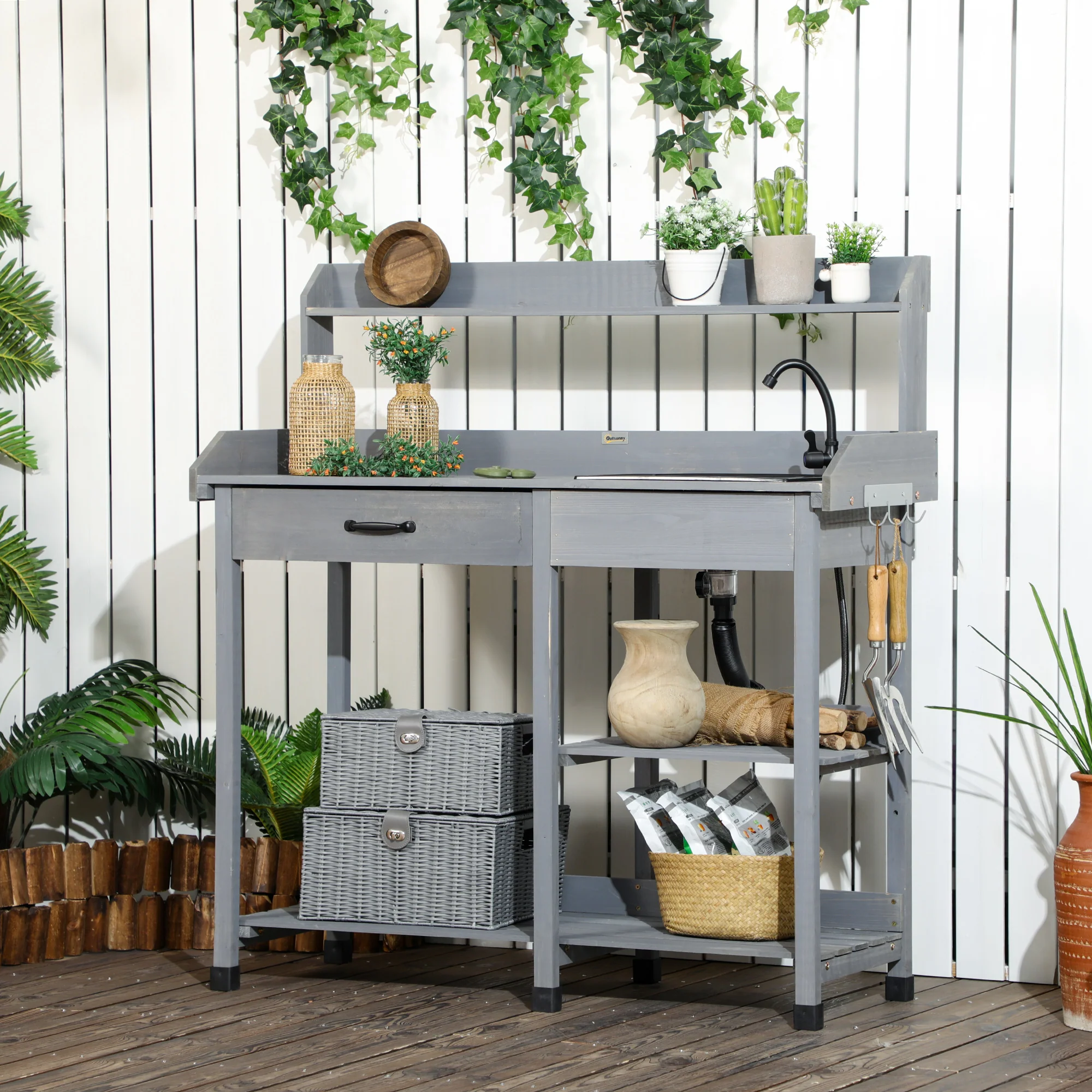 Potting Bench Table with Storage Shelves, Removable Sink, Faucet and Drawer, Gray - Image 3