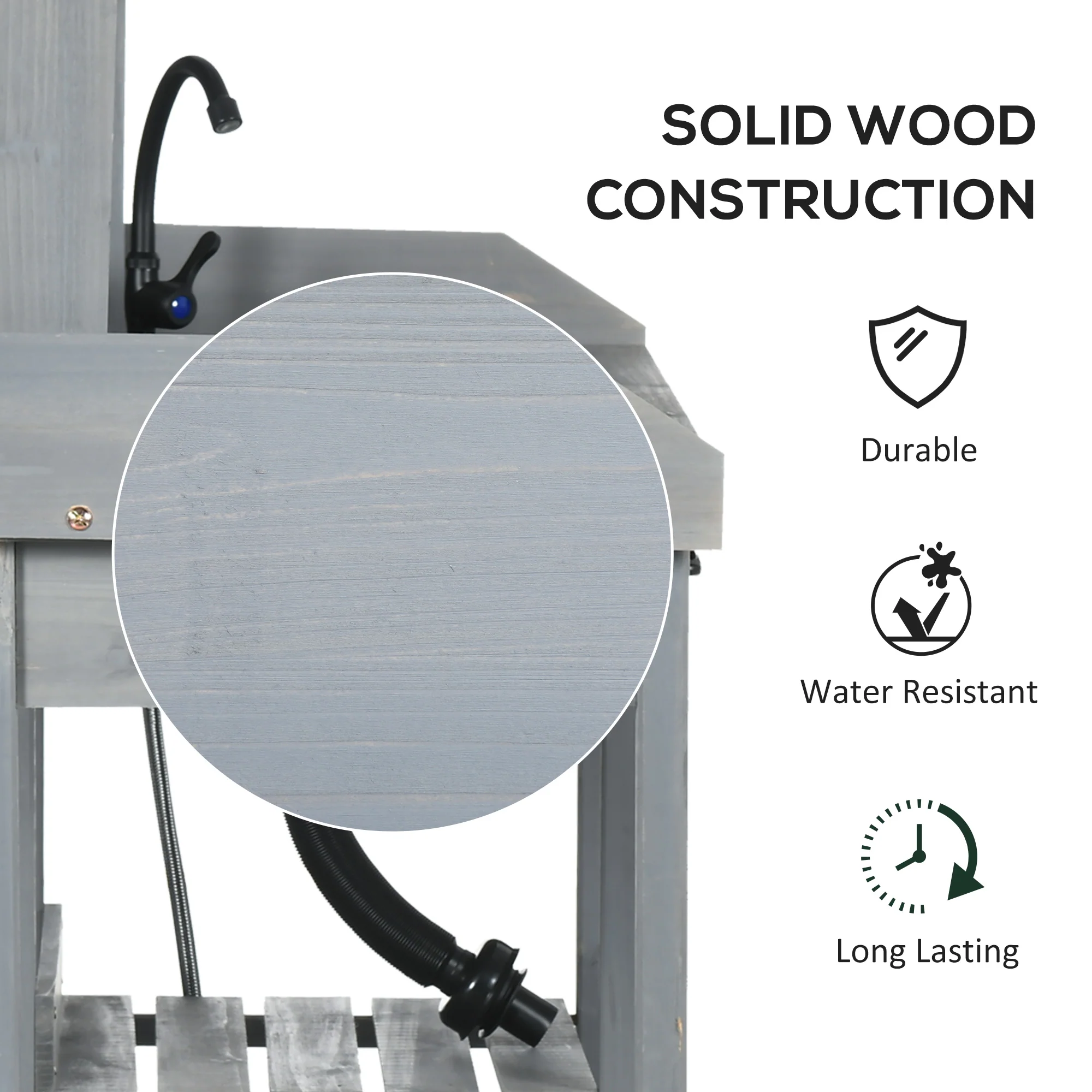 Potting Bench Table with Storage Shelves, Removable Sink, Faucet and Drawer, Gray - Image 9