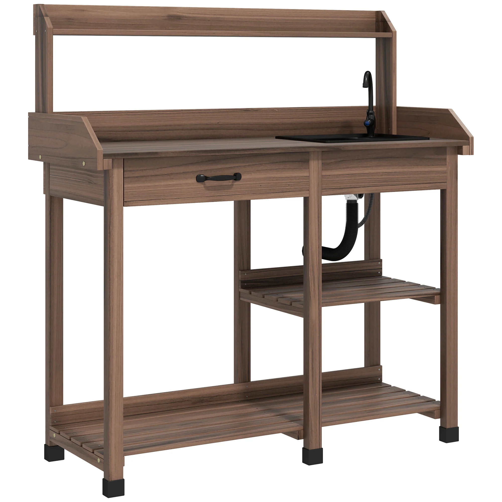 Potting Bench Table with Storage Shelves, Removable Sink, Faucet and Drawer, Dark Brown - Image 12