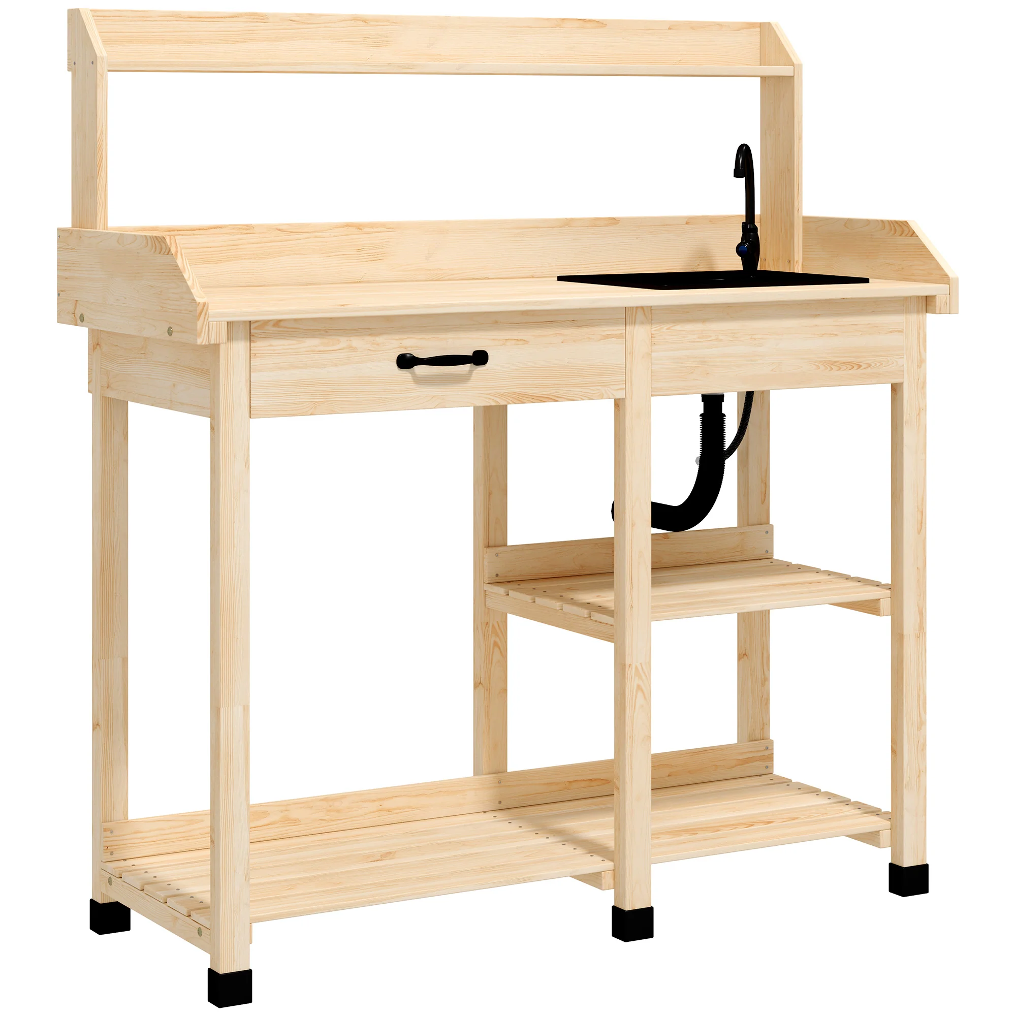 Potting Bench Table with Storage Shelves, Removable Sink, Faucet and Drawer, Natural Wood - Image 12
