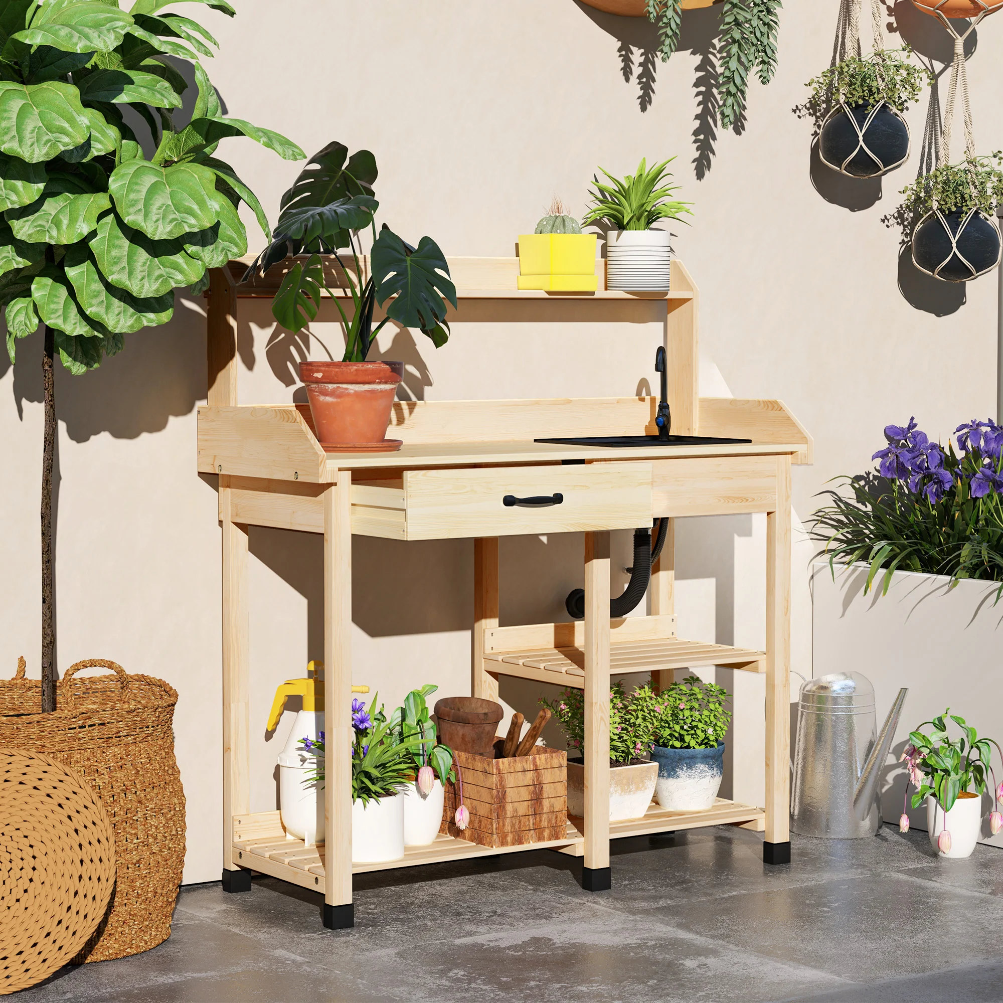 Potting Bench Table with Storage Shelves, Removable Sink, Faucet and Drawer, Natural Wood - Image 3