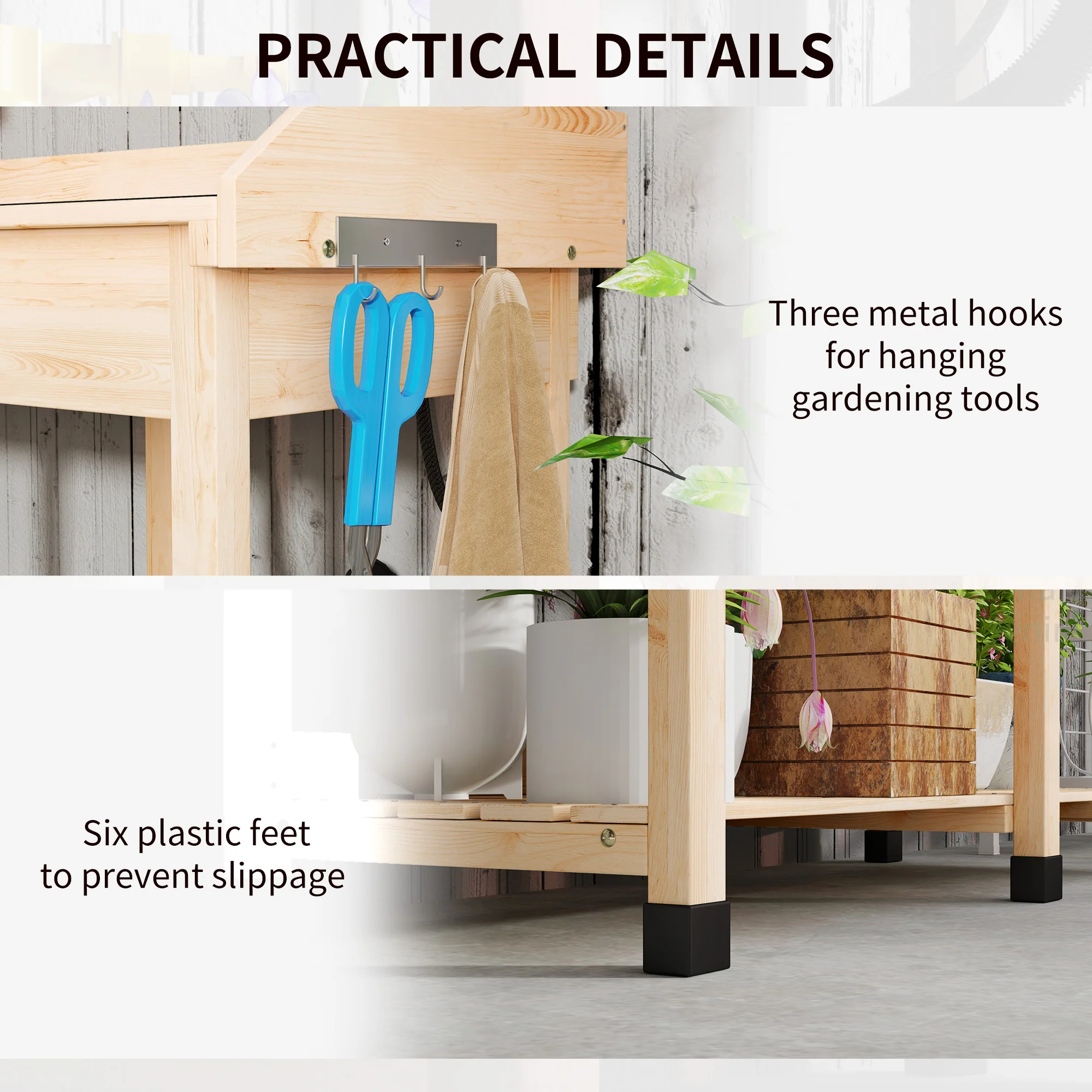 Potting Bench Table with Storage Shelves, Removable Sink, Faucet and Drawer, Natural Wood - Image 8