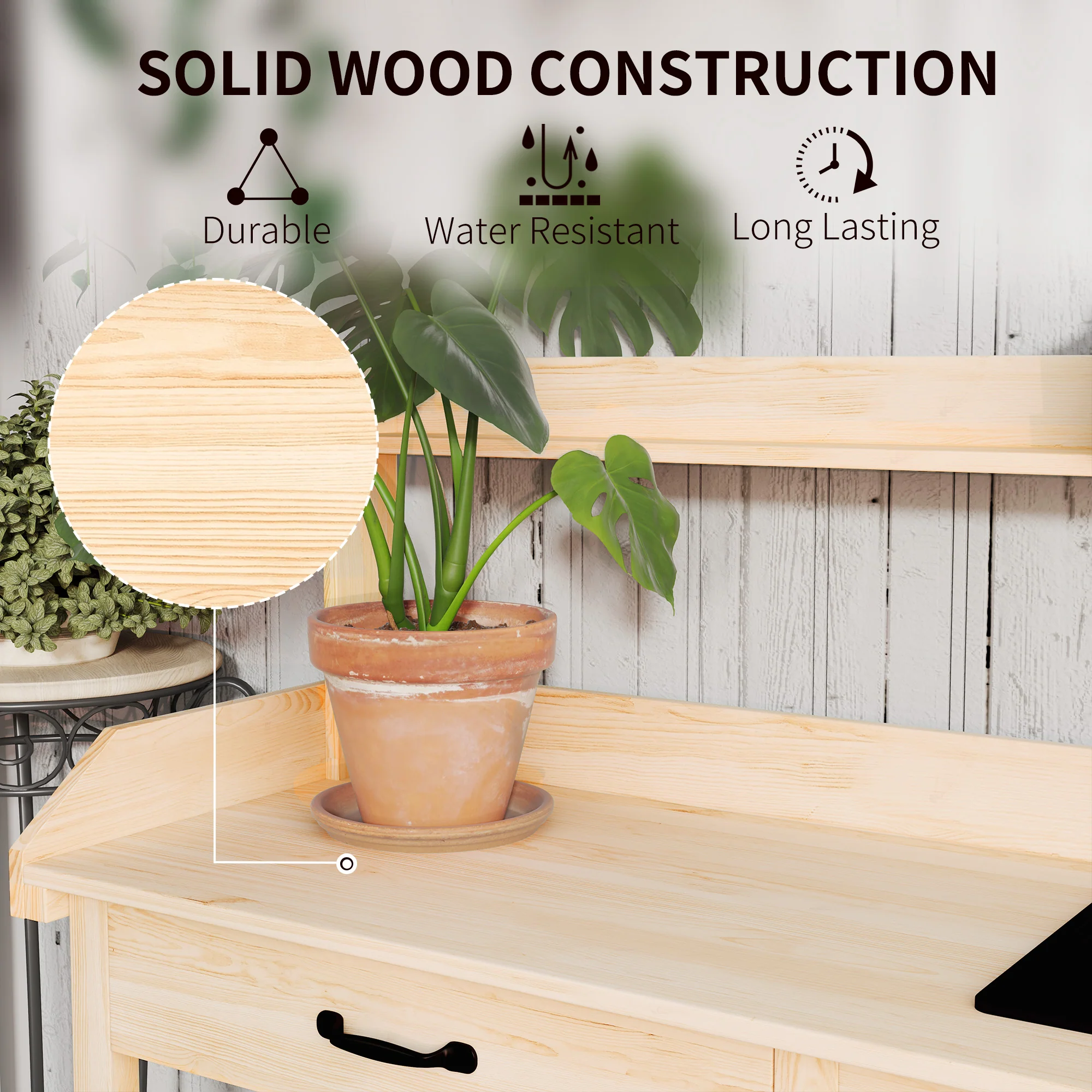 Potting Bench Table with Storage Shelves, Removable Sink, Faucet and Drawer, Natural Wood - Image 9
