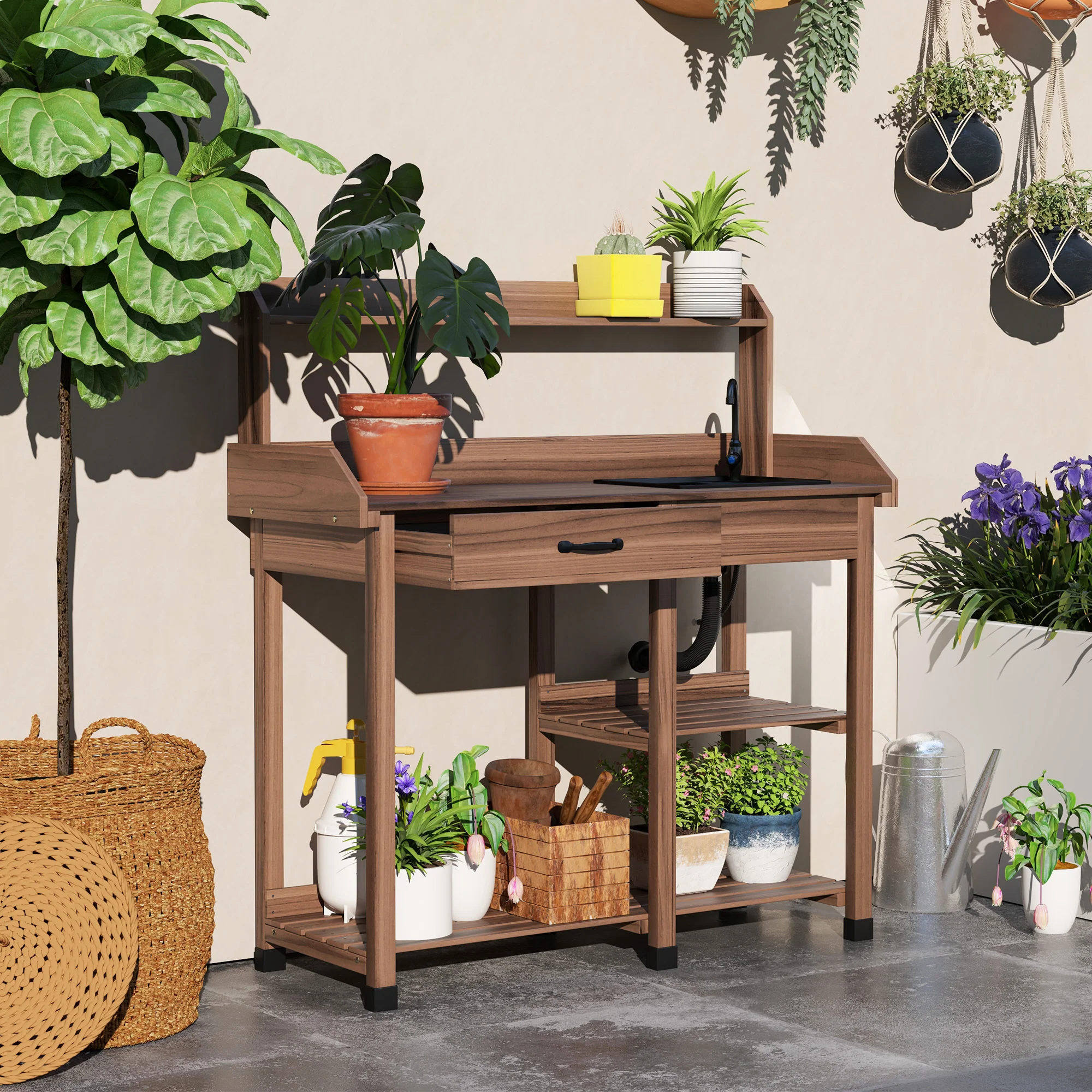 Potting Bench Table with Storage Shelves, Removable Sink, Faucet and Drawer, Dark Brown - Image 3
