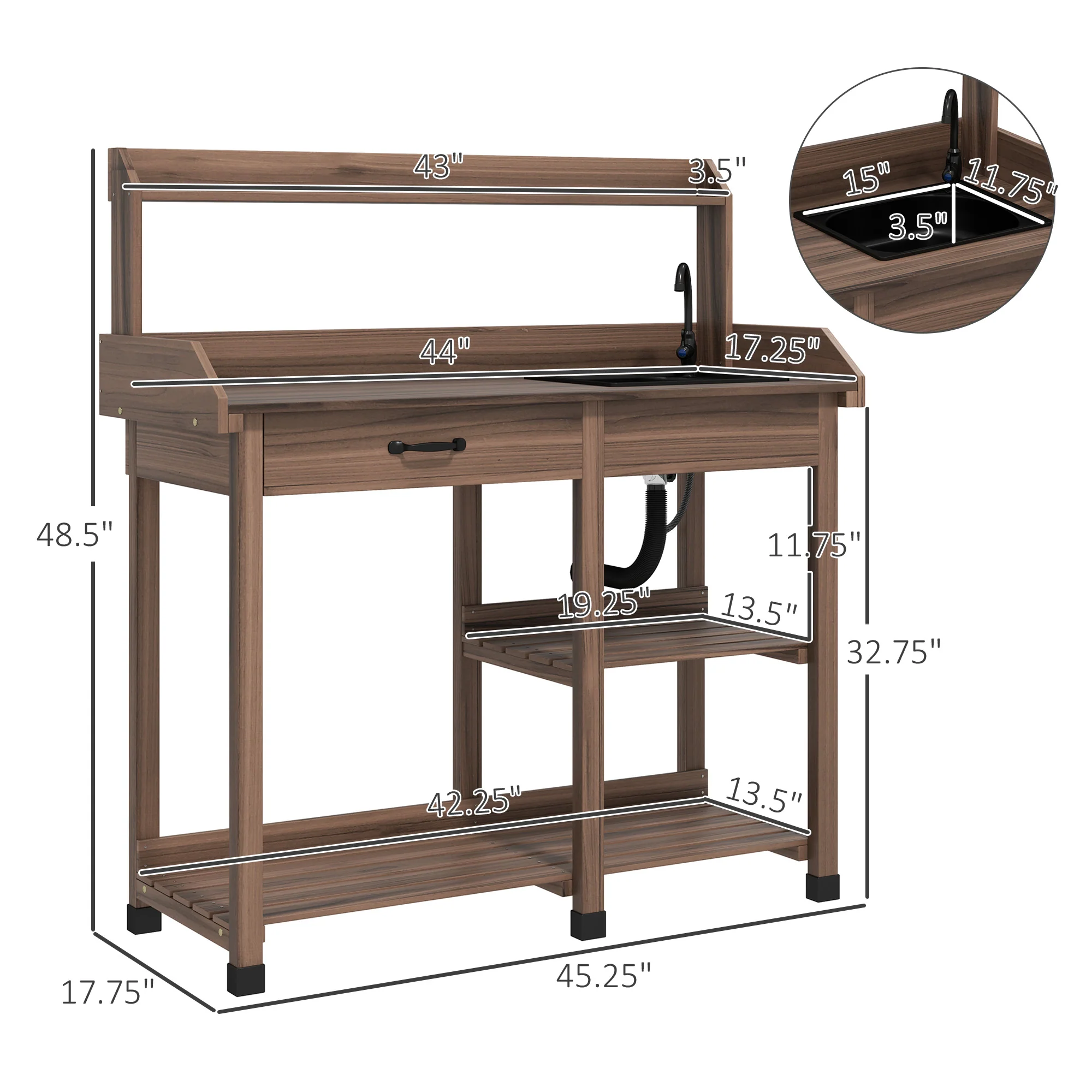Potting Bench Table with Storage Shelves, Removable Sink, Faucet and Drawer, Dark Brown - Image 5
