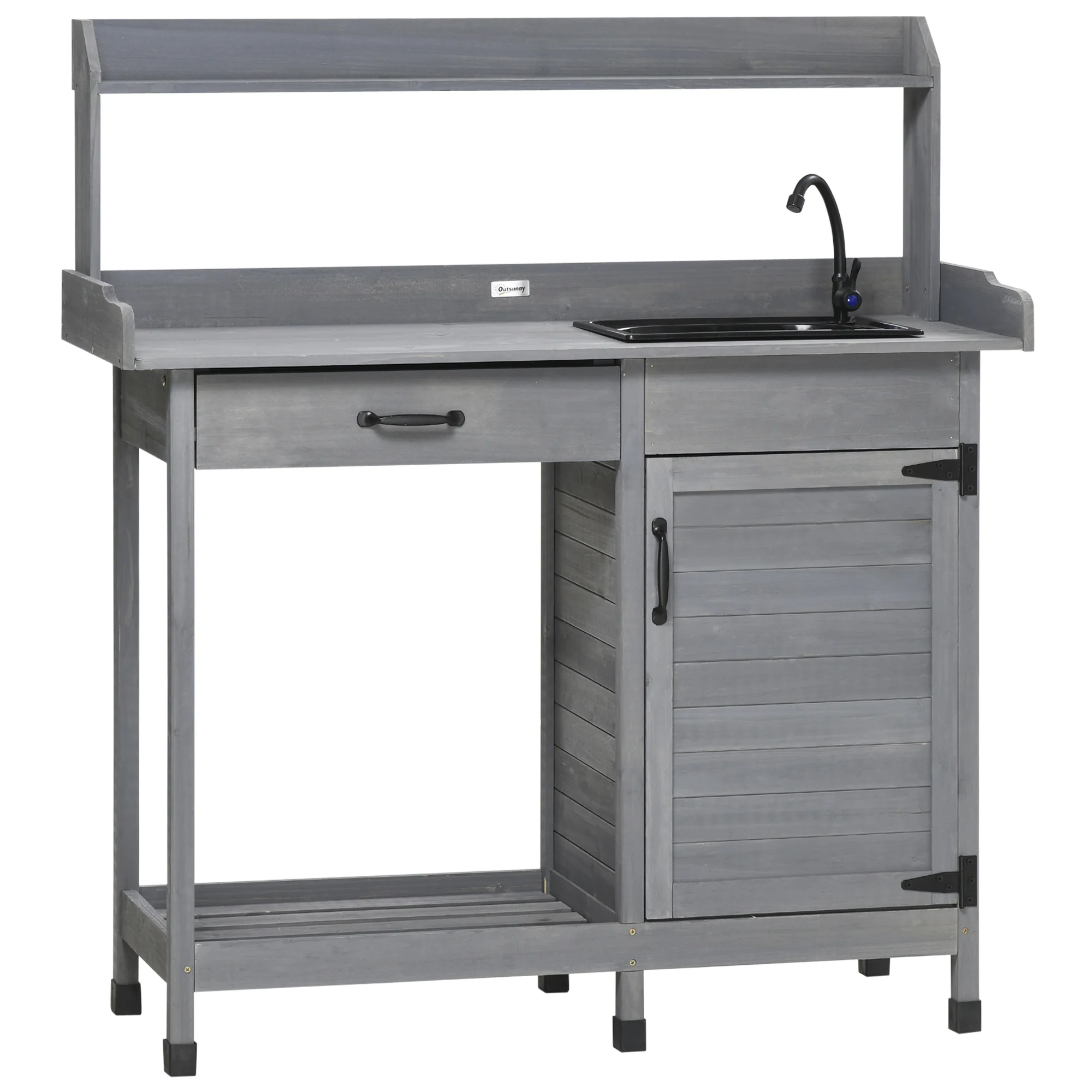 Garden Potting Table with Storage Cabinet, Removable Sink, Faucet and Drawer, Gray - Image 12