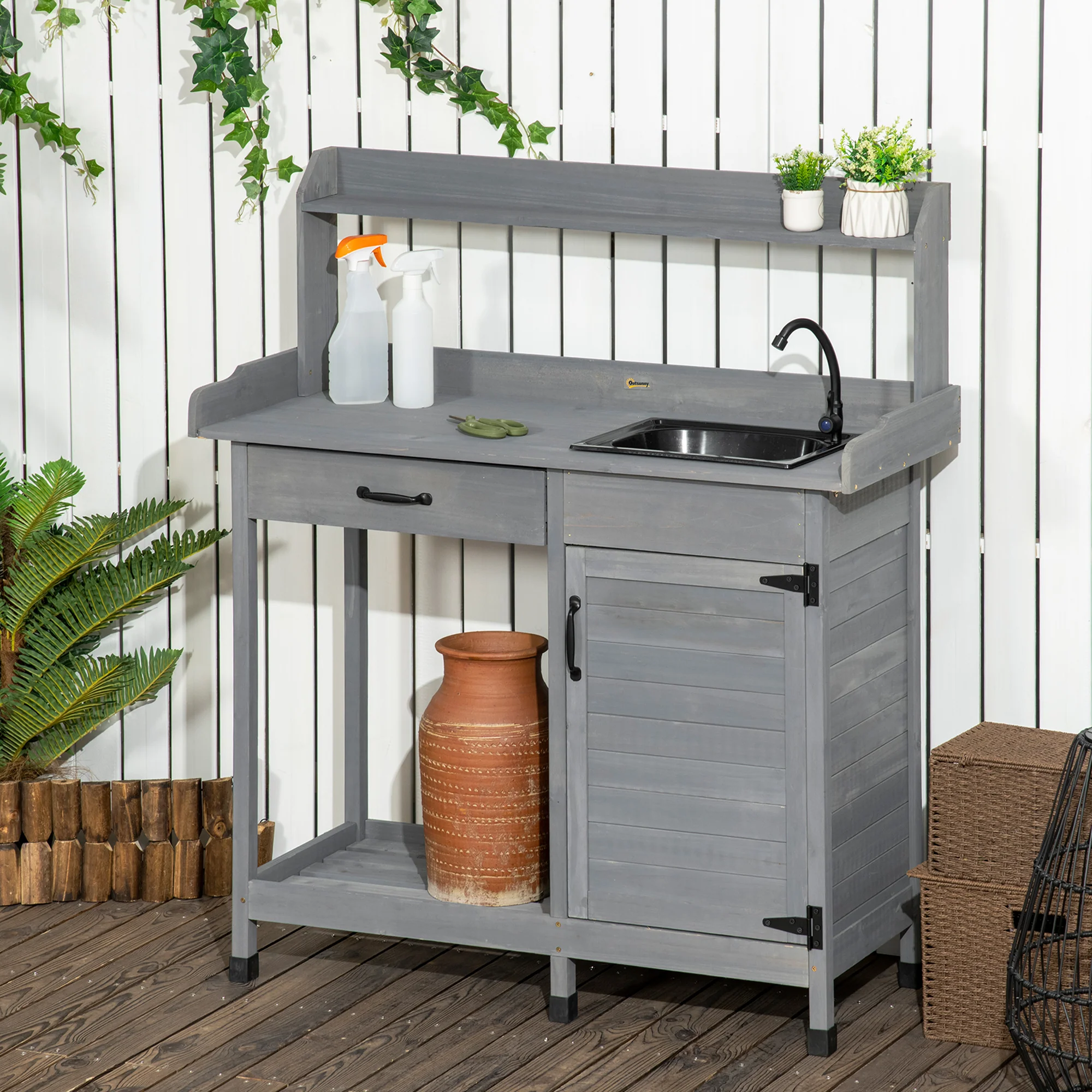 Garden Potting Table with Storage Cabinet, Removable Sink, Faucet and Drawer, Gray - Image 3
