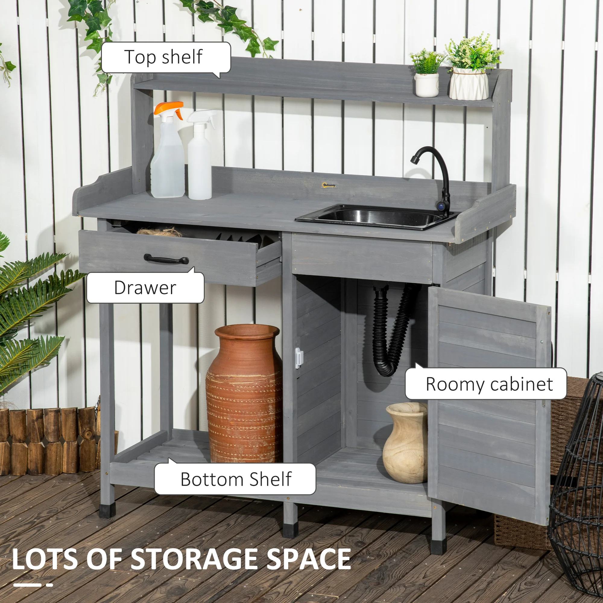Garden Potting Table with Storage Cabinet, Removable Sink, Faucet and Drawer, Gray - Image 6