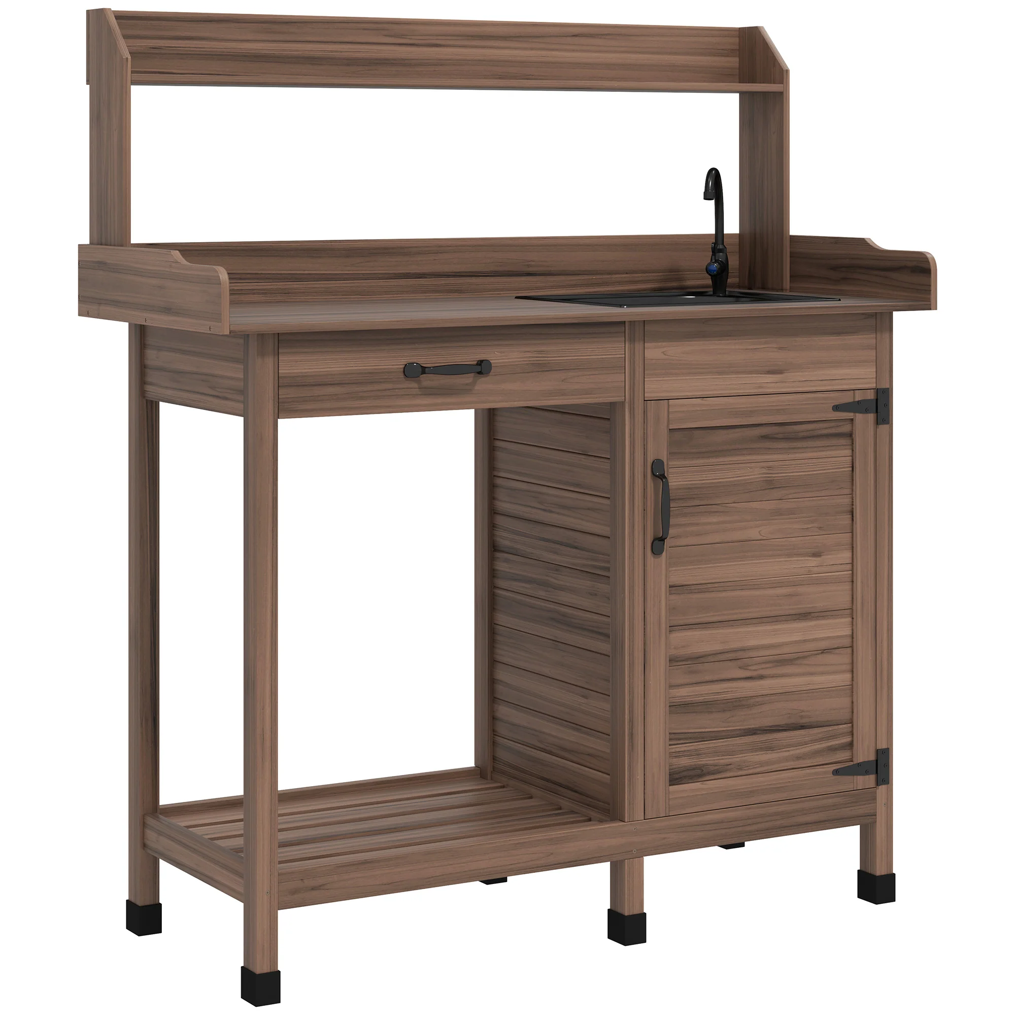 Garden Potting Table with Storage Cabinet, Removable Sink, Faucet and Drawer, Dark Brown - Image 12