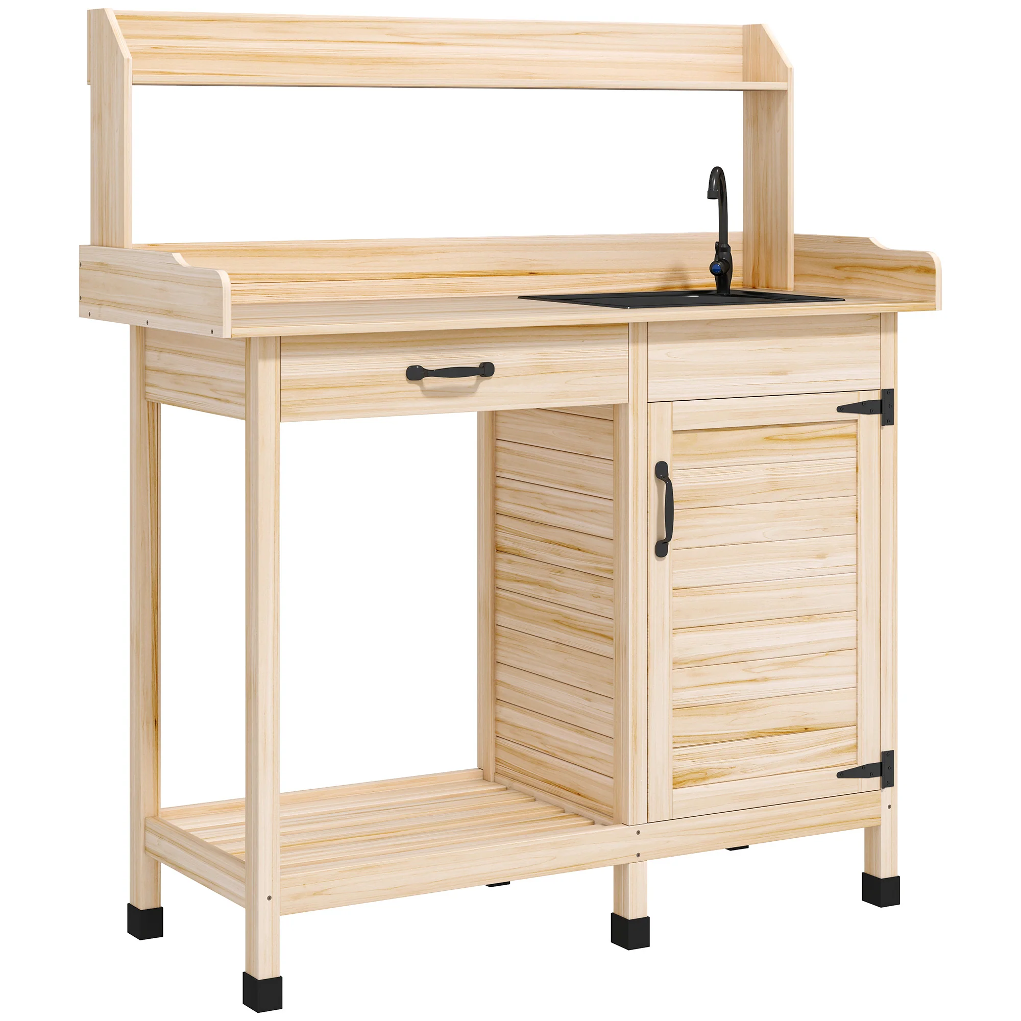 Garden Potting Table with Storage Cabinet, Removable Sink, Faucet and Drawer, Natural Wood - Image 12